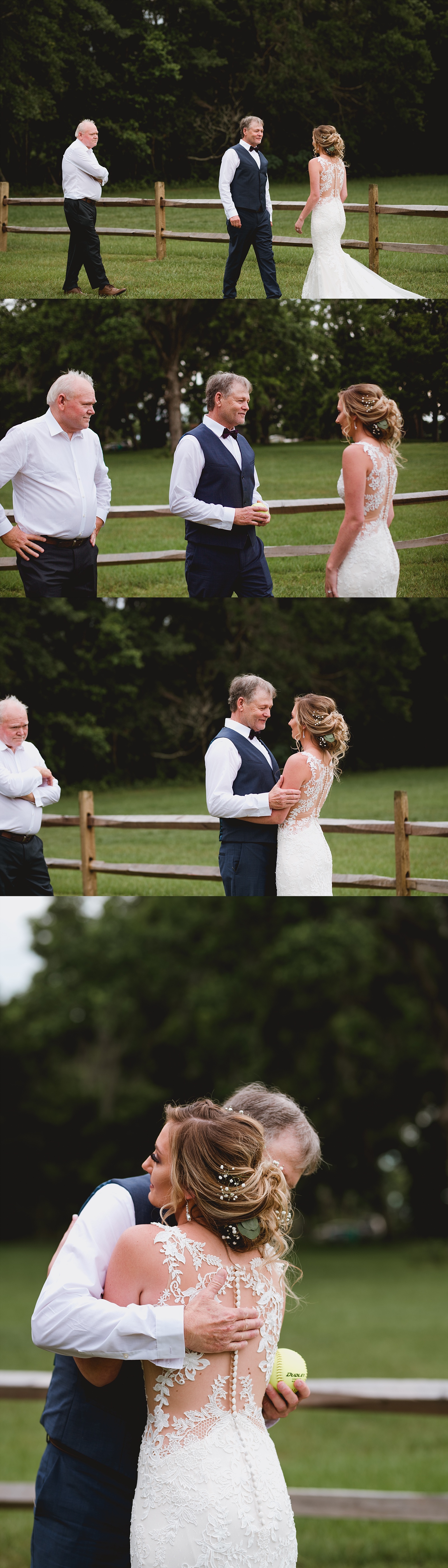 Father of the bride sees his daughter in her wedding gown for the first time.