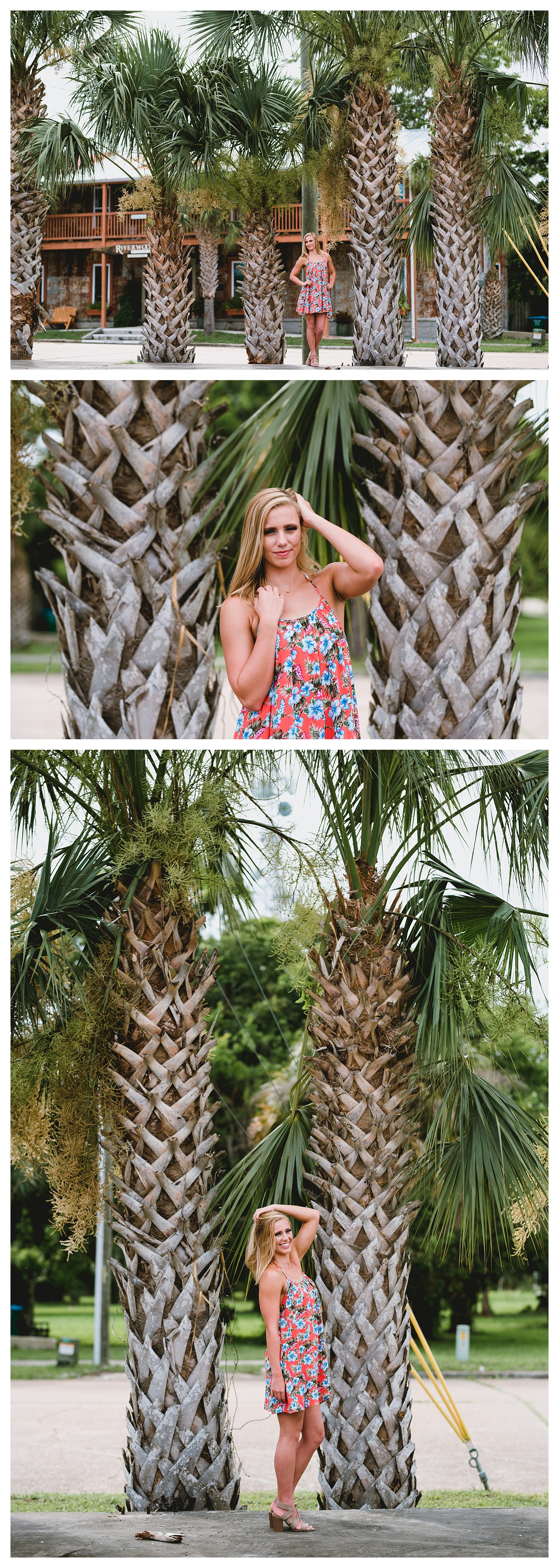 Senior photos with palm trees in Apalachicola, Florida.