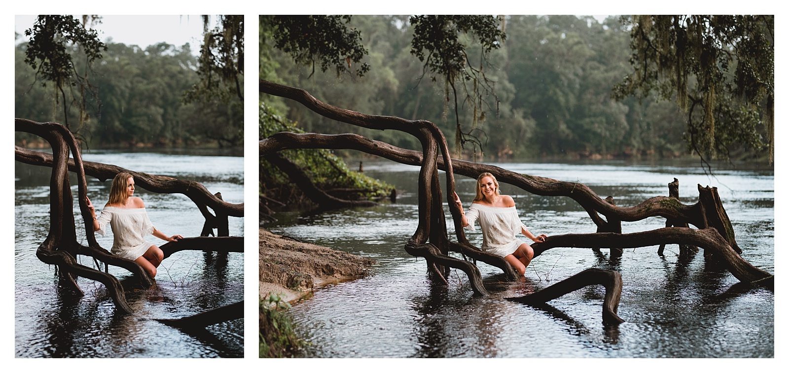River with tree roots and senior girl. Shelly Williams Photography