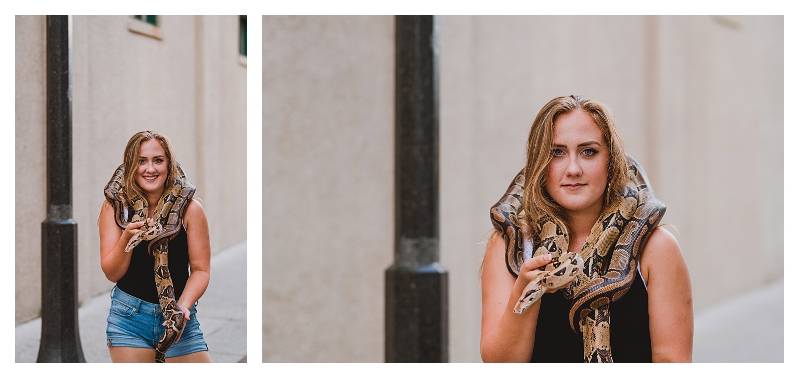 Senior girl holding snake for photos. Shelly Williams Photography