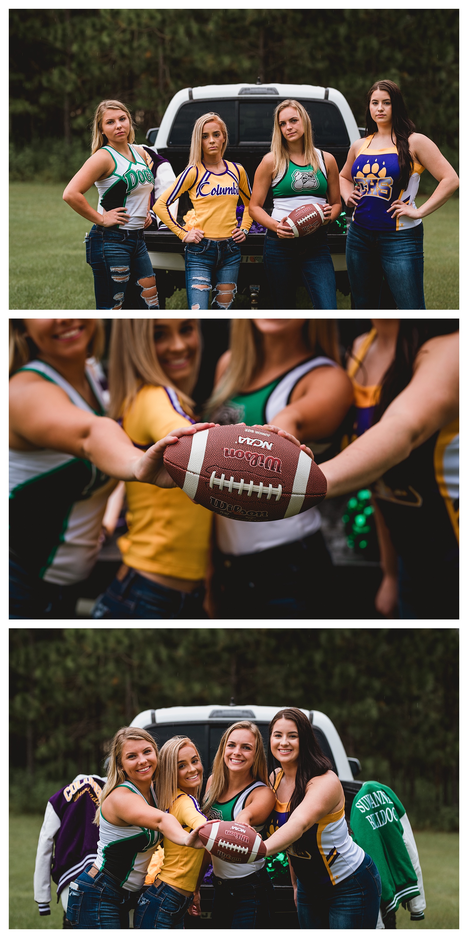 Football inspired group photo shoot with seniors. Shelly Williams Photography