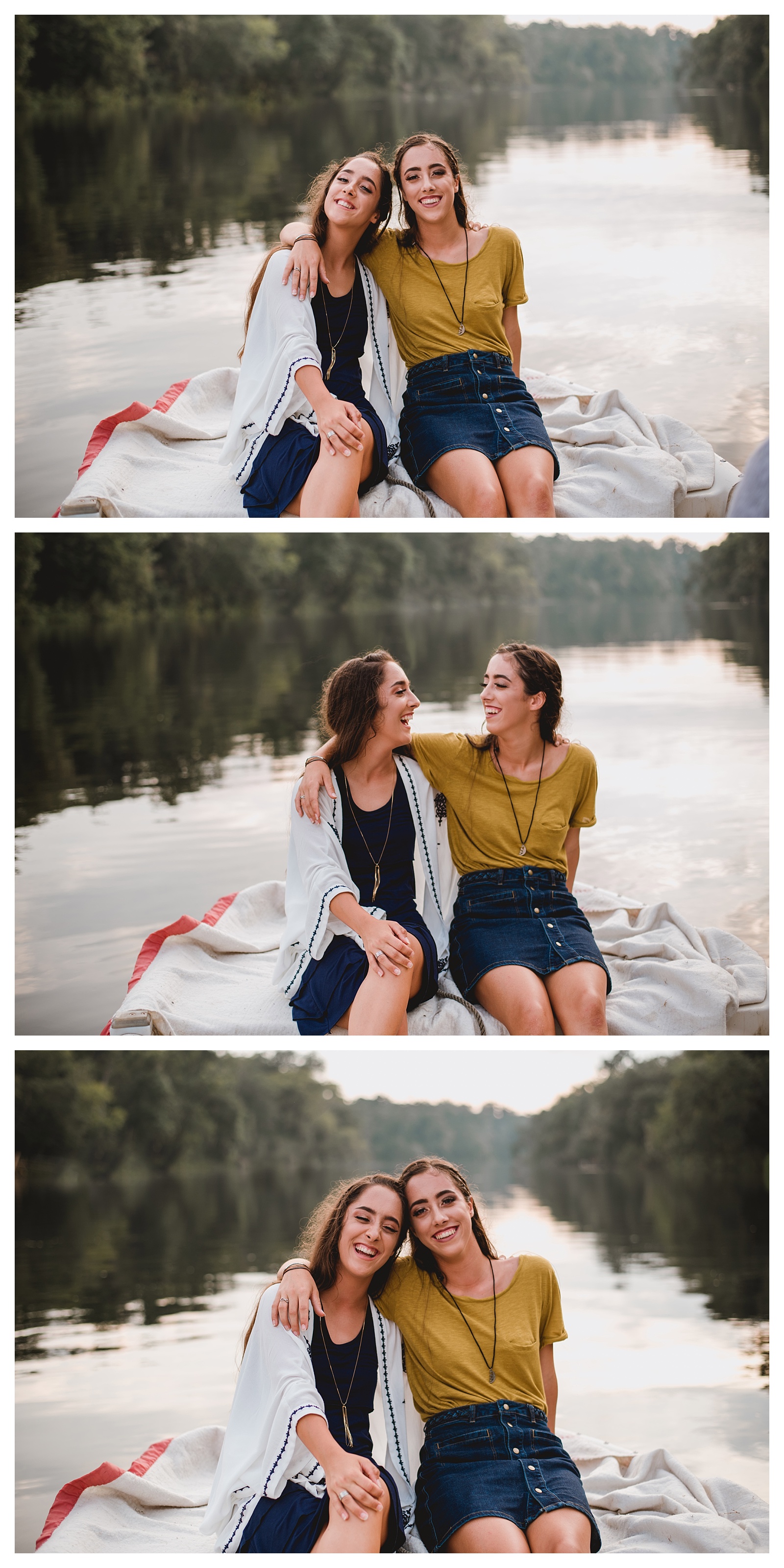 Twin girls senior photographer on boat on the Suwannee River. Shelly Williams Photography