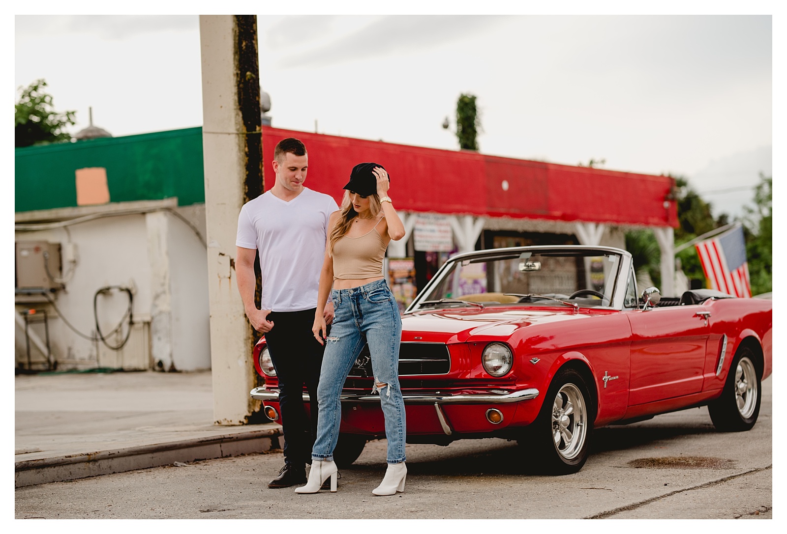Tallahassee, Florida engagement session featuring old red car.