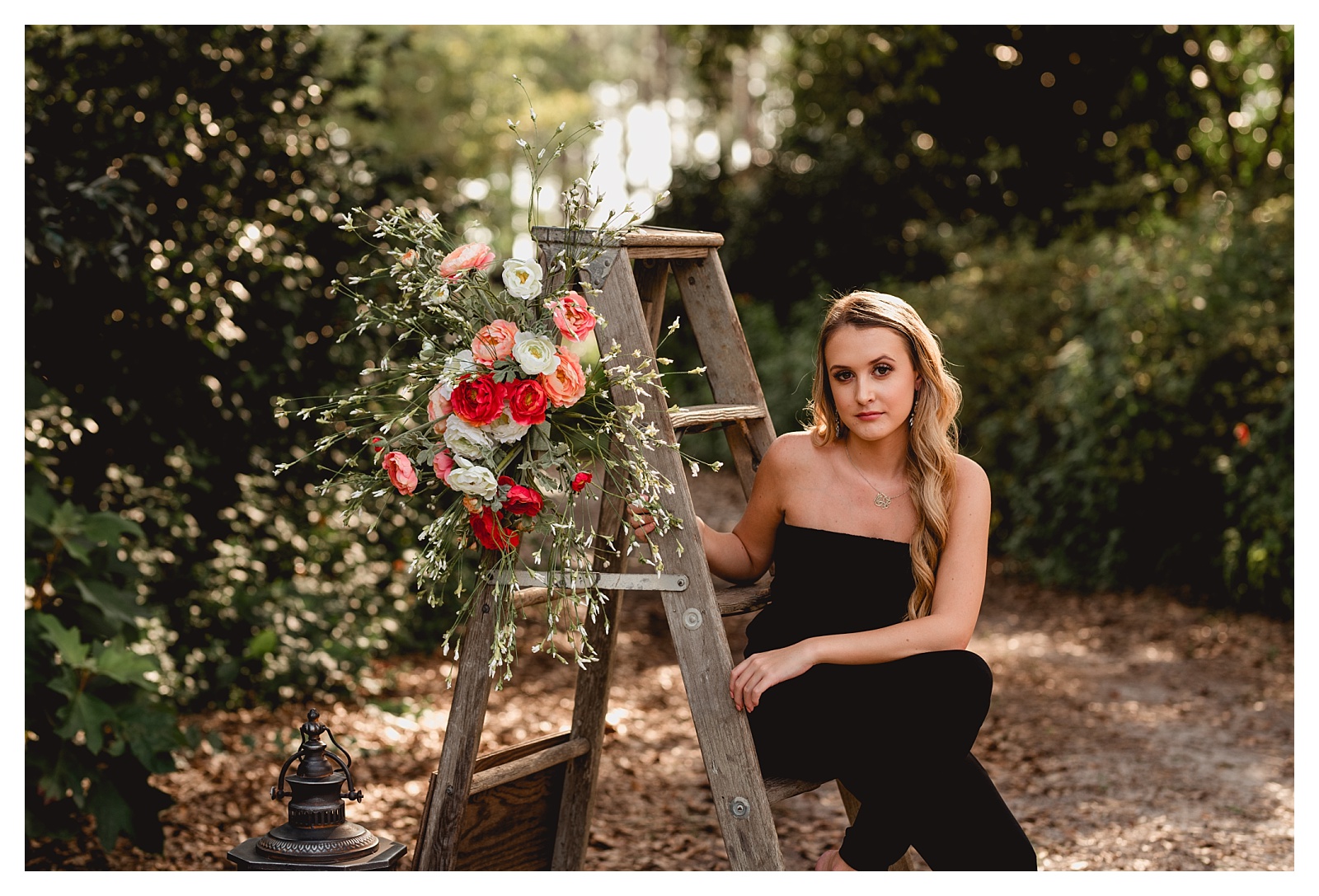 Decorative ladder with flowers used for senior photos in Tallahassee area. Shelly Williams Photography