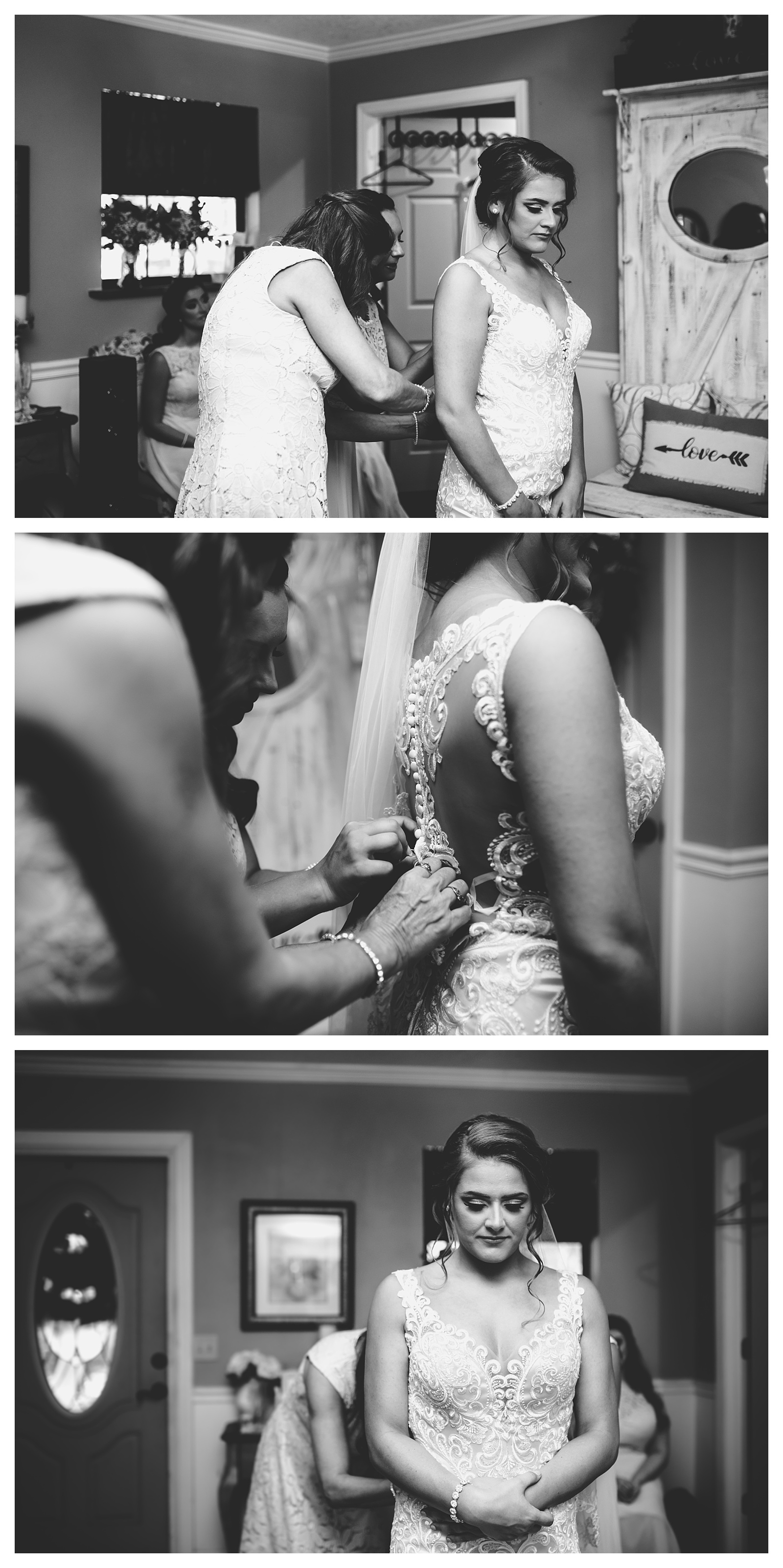 Bride getting into her gown with her mom and maid of honor. Shelly Williams Photography