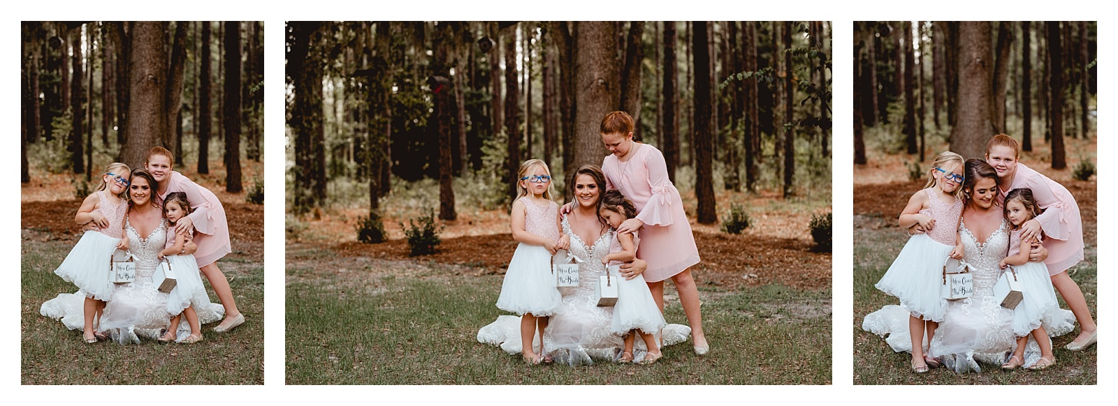 Sweet moment of Bride with her flower girls at wedding venue. Shelly Williams Photography