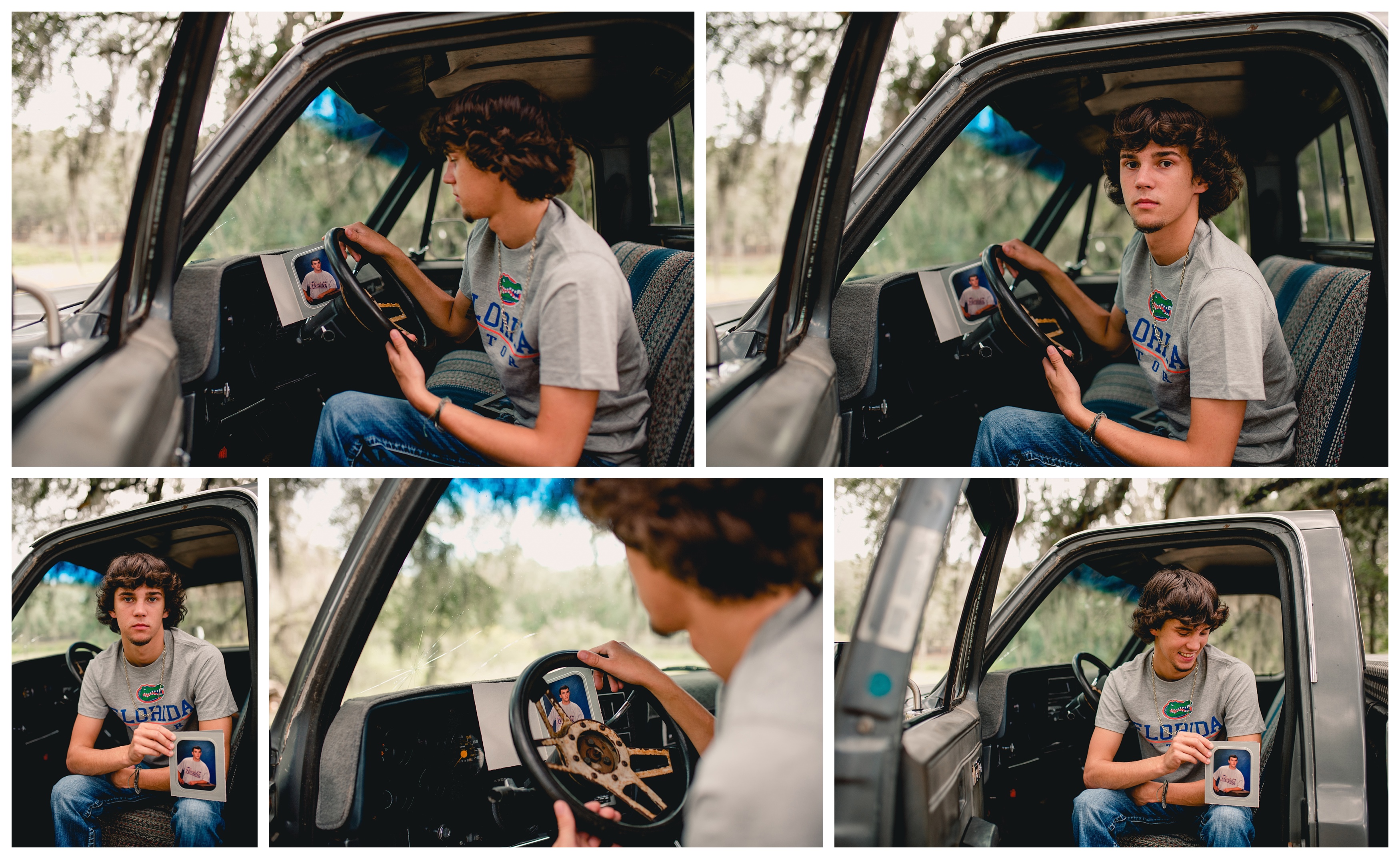 Senior boy remembers his father by using a picture of him and his old truck for senior pictures. Shelly Williams Photography