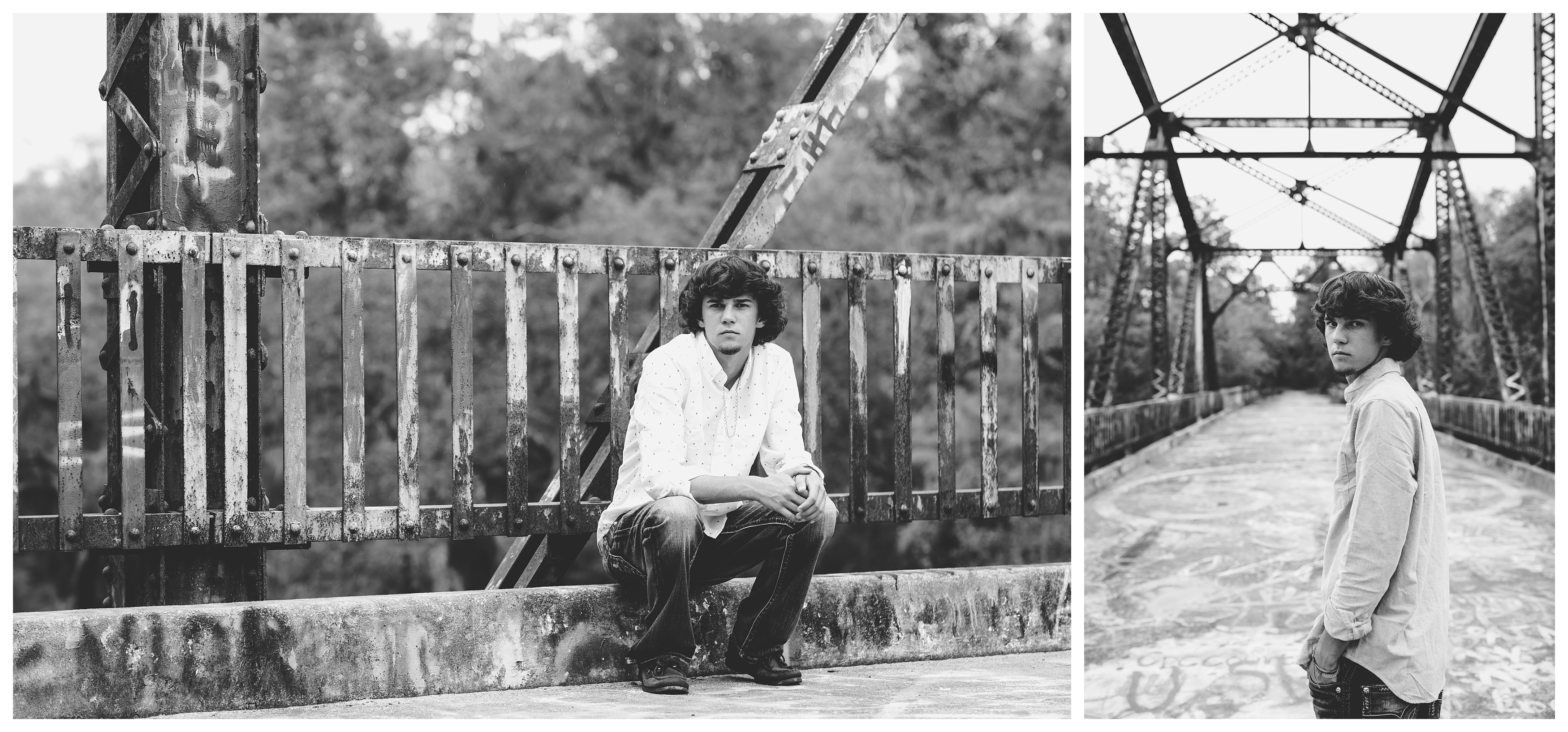Black and white senior guy pictures on bridge. Tallahassee, FL. Shelly Williams Photography
