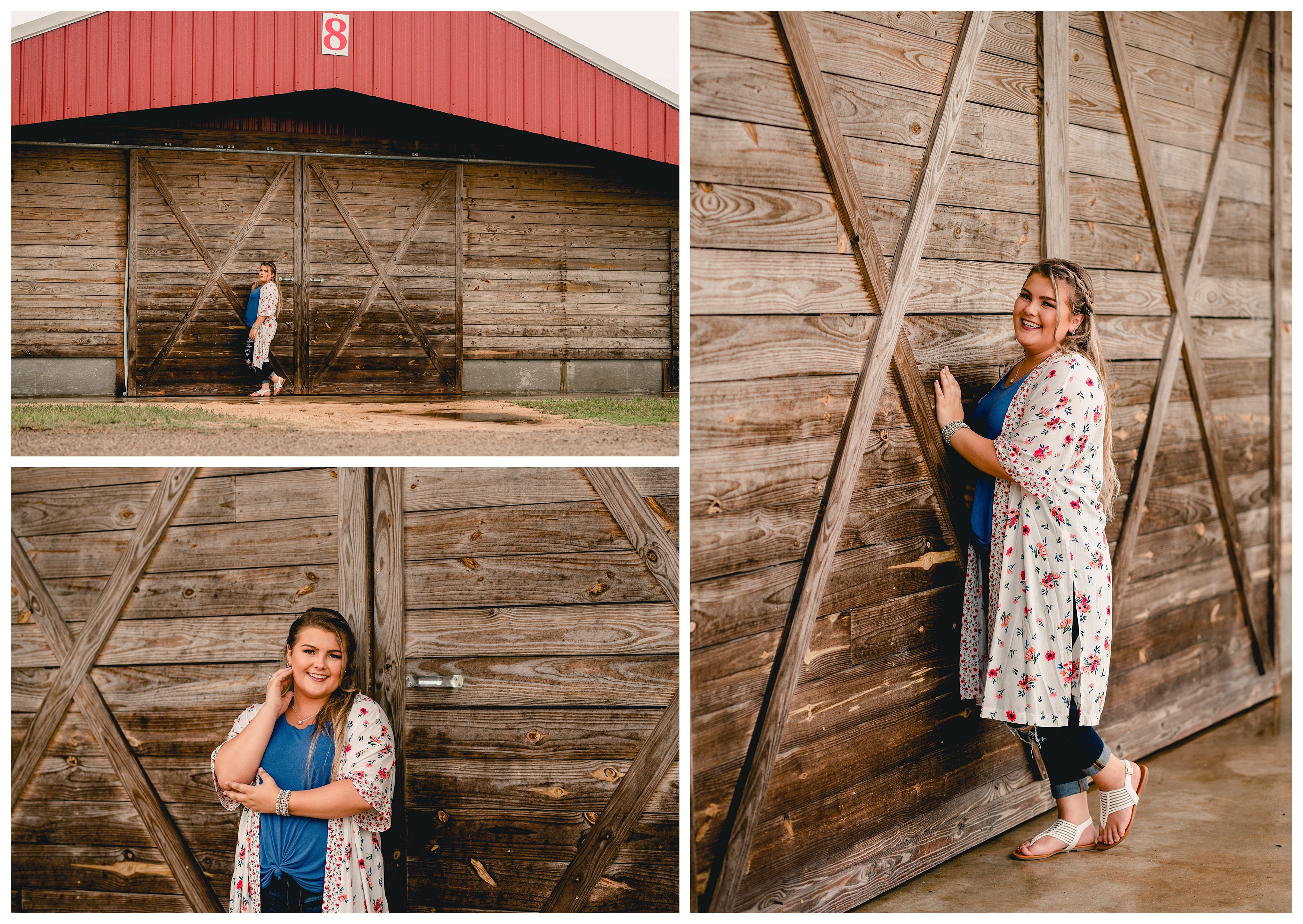Senior girl taking photos in front of chicken houses on her family farm. Shelly Williams Photography