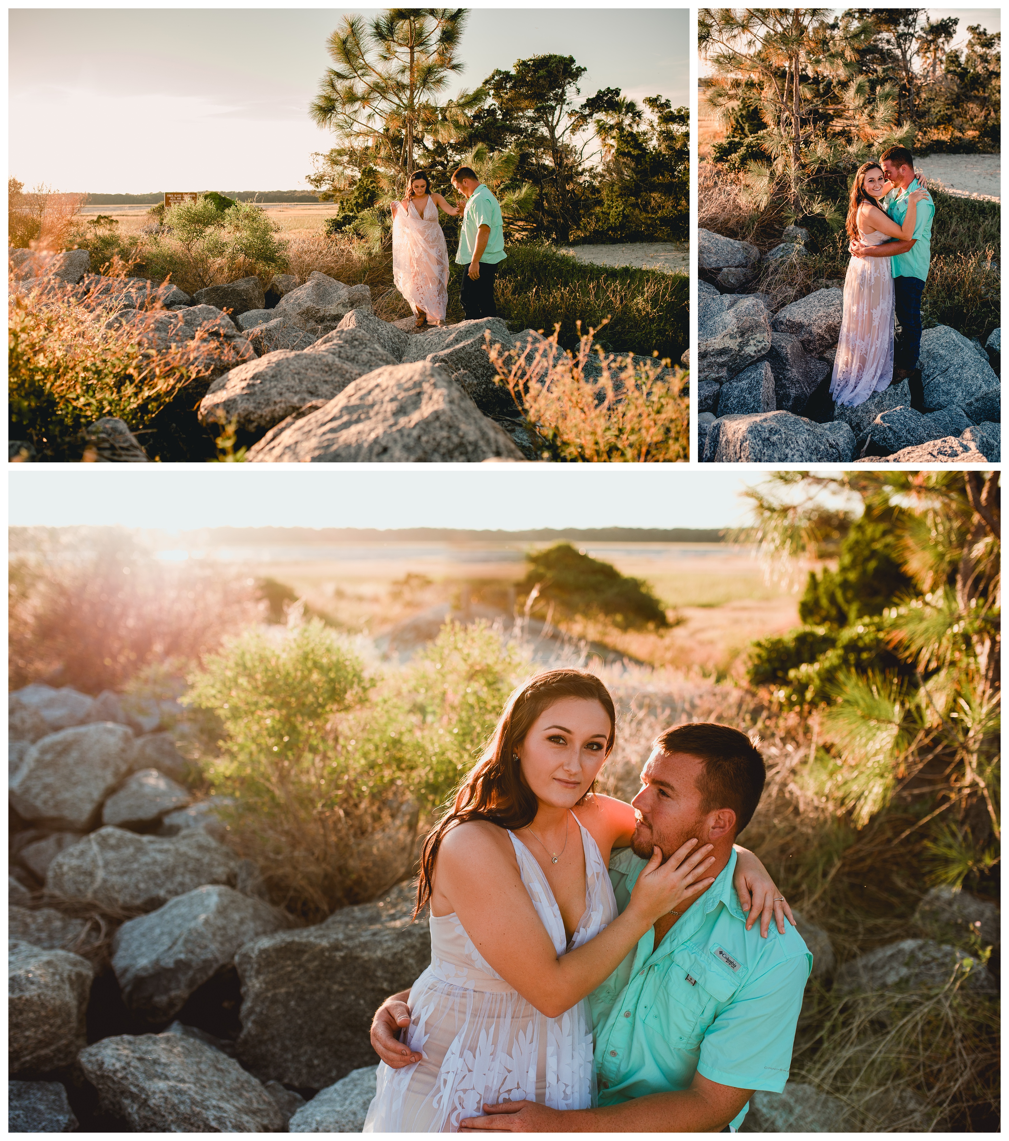 Engagement pics taken on a rocky beach in Jacksonville, Fl by professional photographer. Shelly Williams Photography