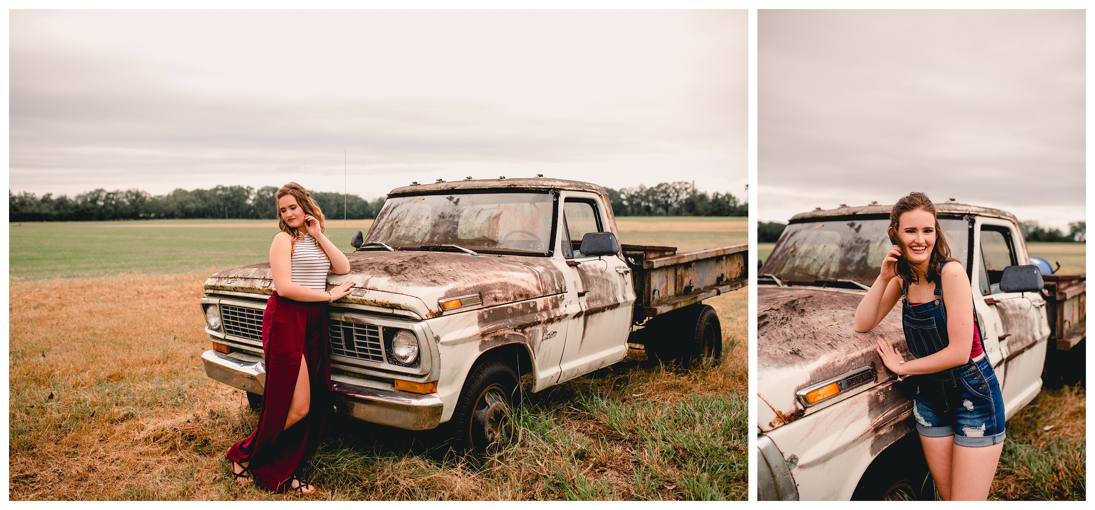 Twin seniors take photos with old abandoned truck in Florida. Shelly Williams Photography