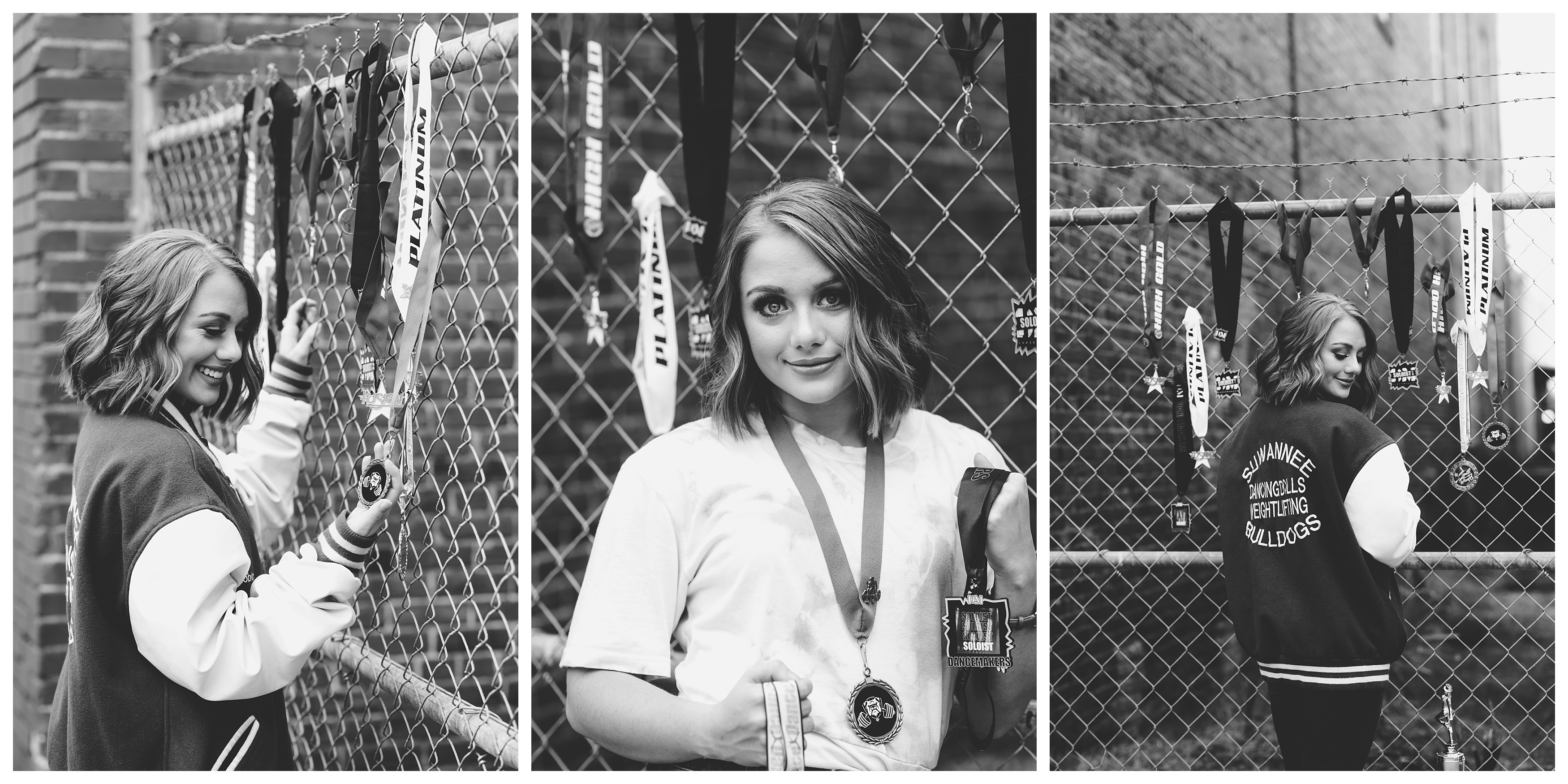 Black and white senior photographs to show off sports medals. Shelly Williams Photography