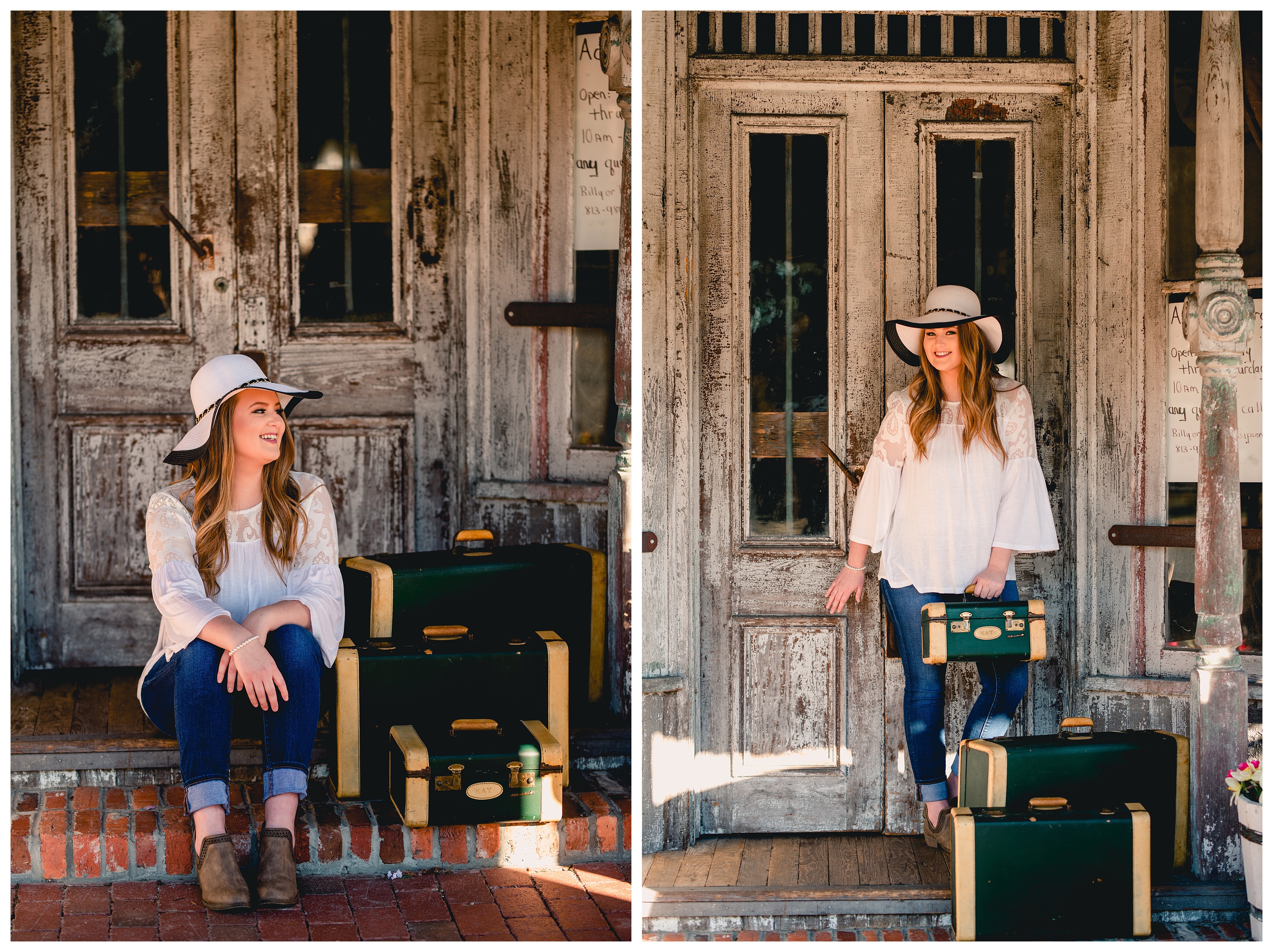 Old styled senior portrait session with old suitcases in vintage town. Shelly Williams Photography