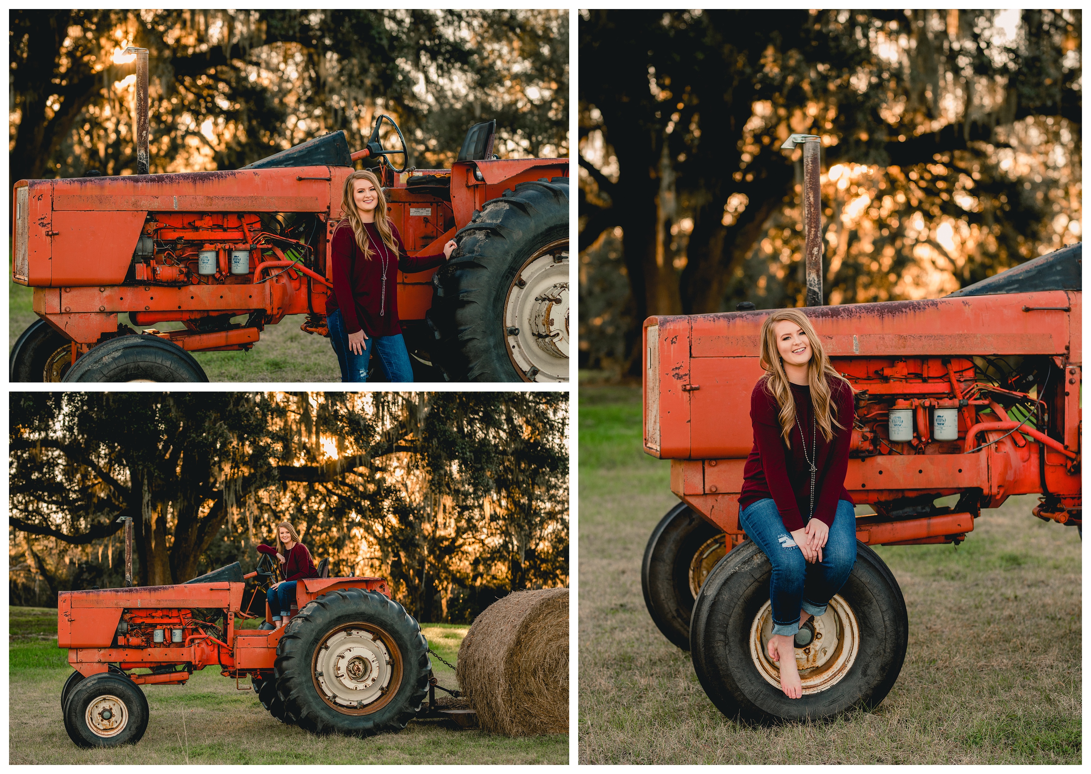 Fun and natural senior photos styled with an old farm tractor in Florida. Shelly Williams Photography