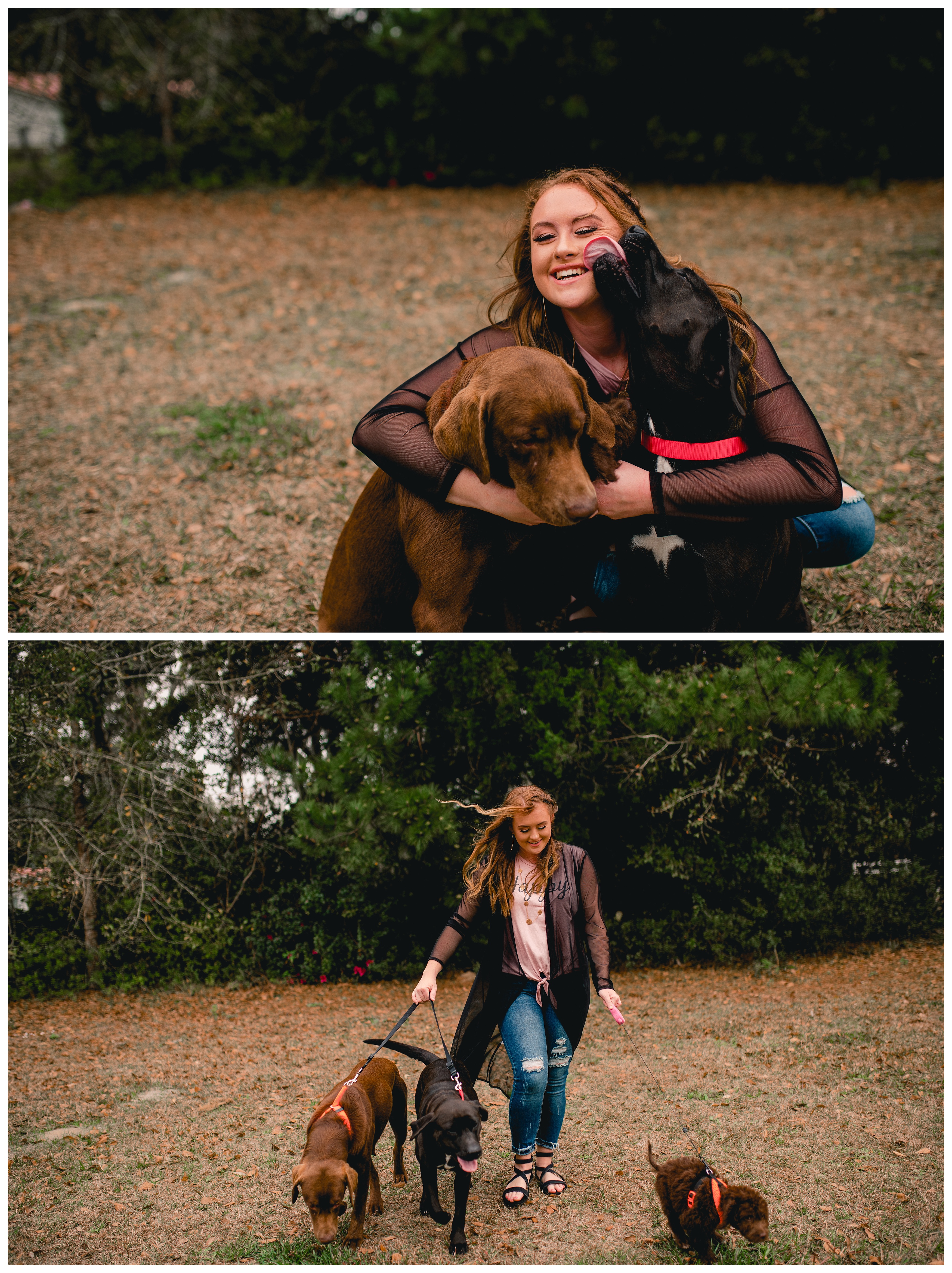 Getting dog kisses during girls senior photo session. Shelly Williams Photography