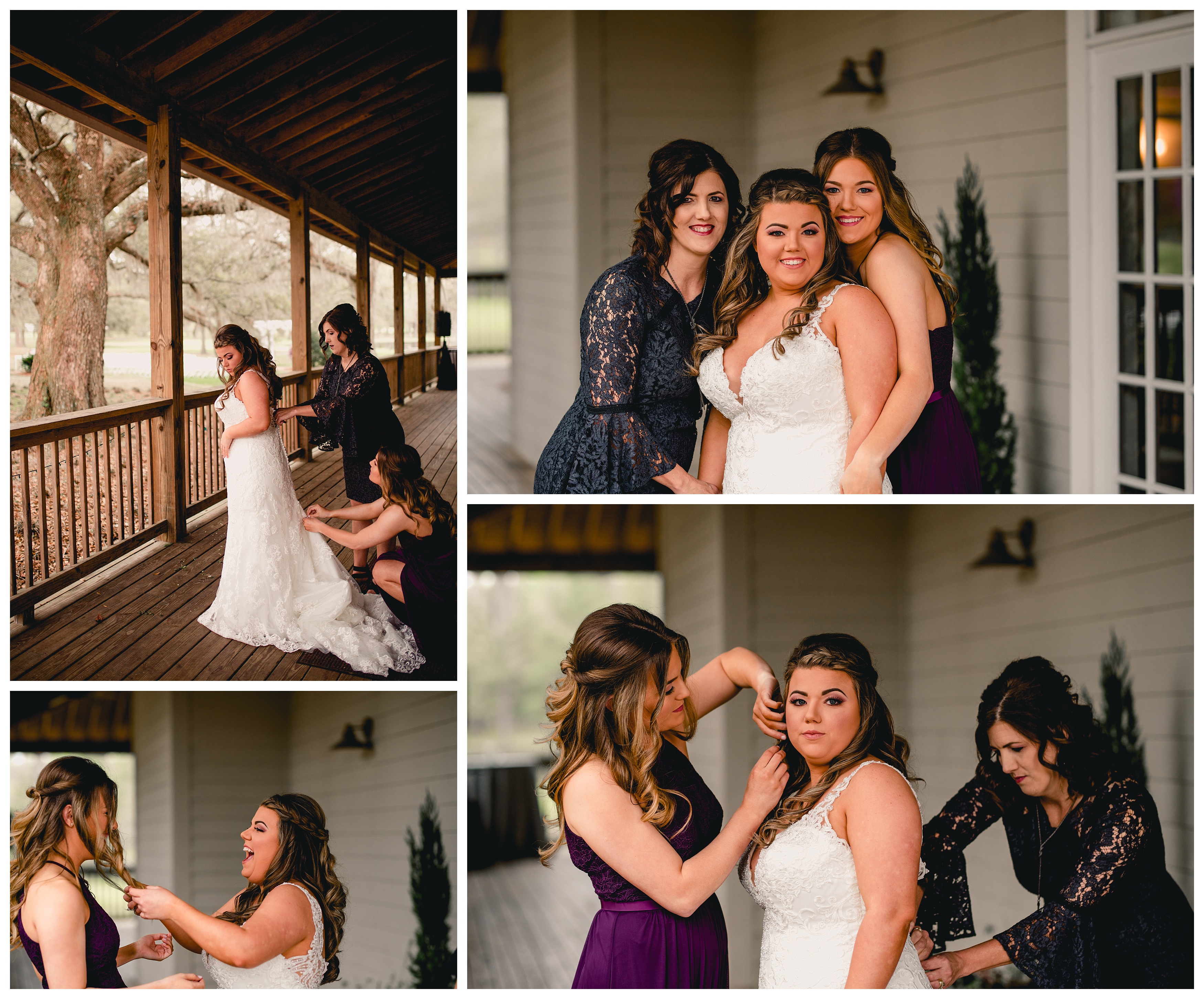 Mom and sister putting bride in her dress at Bradley's Pond in Tallahassee, FL. Shelly Williams Photography