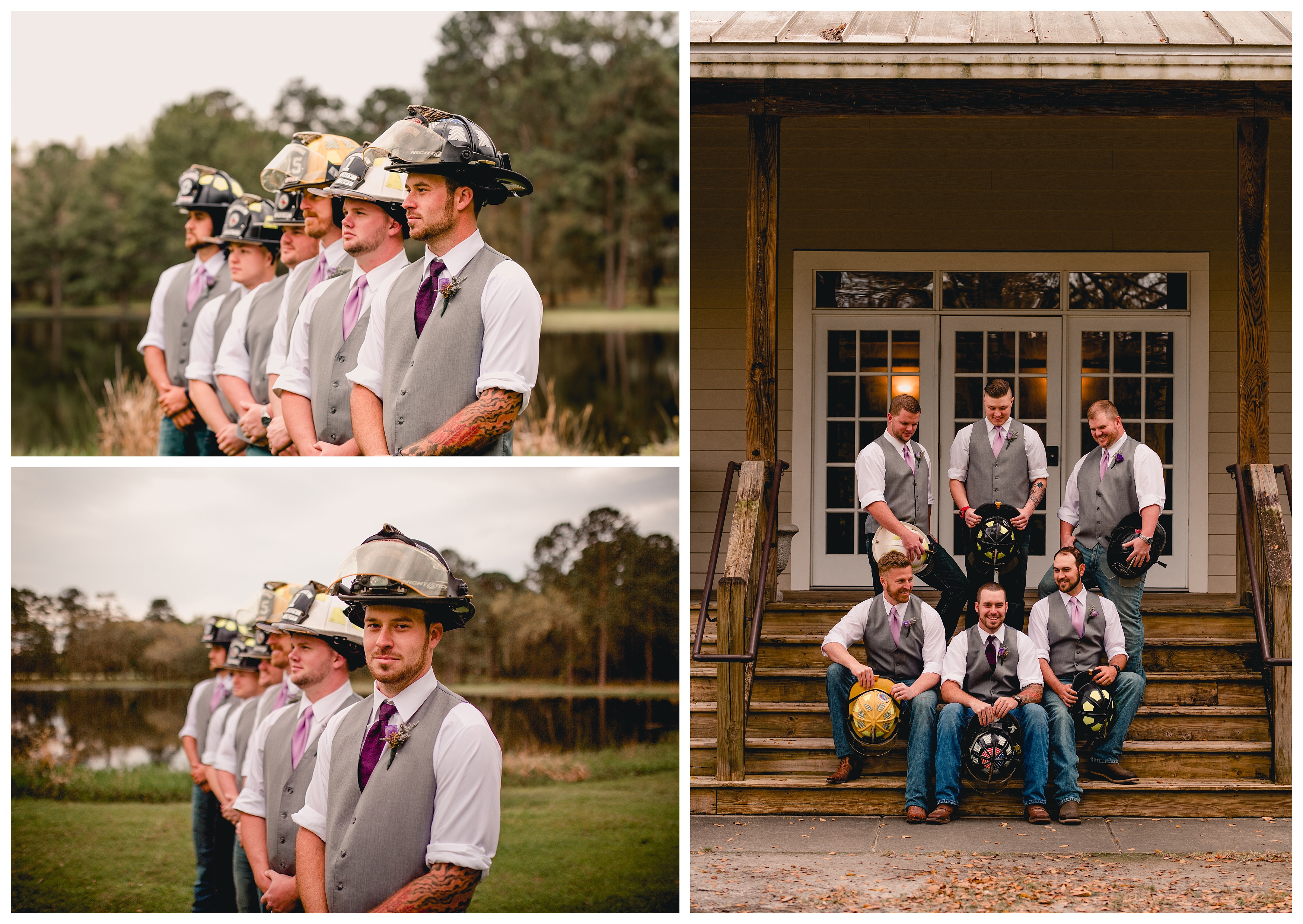 Groom, who is a fireman, with his fire buddies wear their firehats for photos. Fireman wedding pictures. Shelly Williams Photography