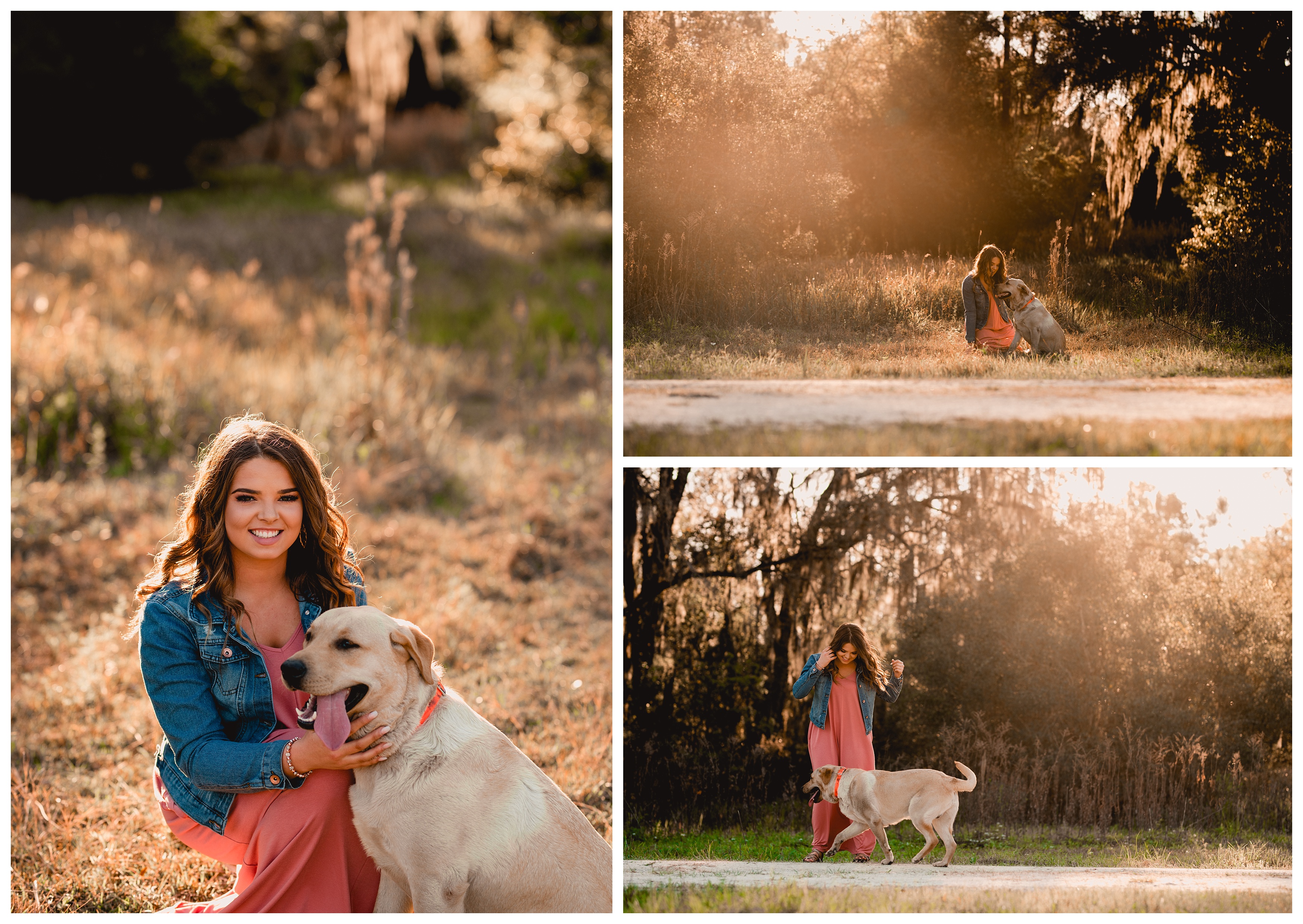 Senior girl takes pictures with her dog during golden hour in North Florida. Shelly Williams Photography