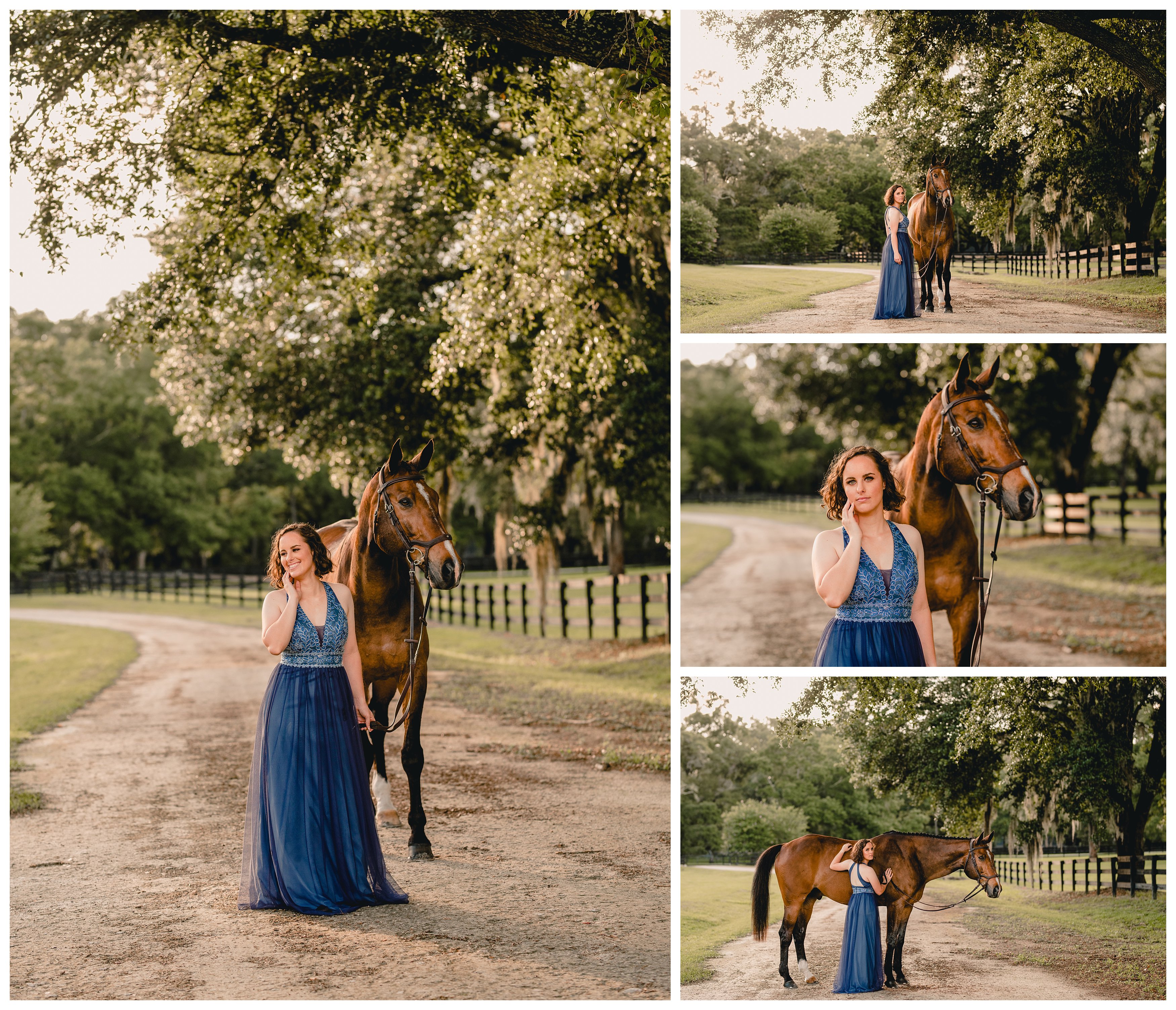 Horse and rider pictures with girl wearing a long formal dress taken in barn driveway.