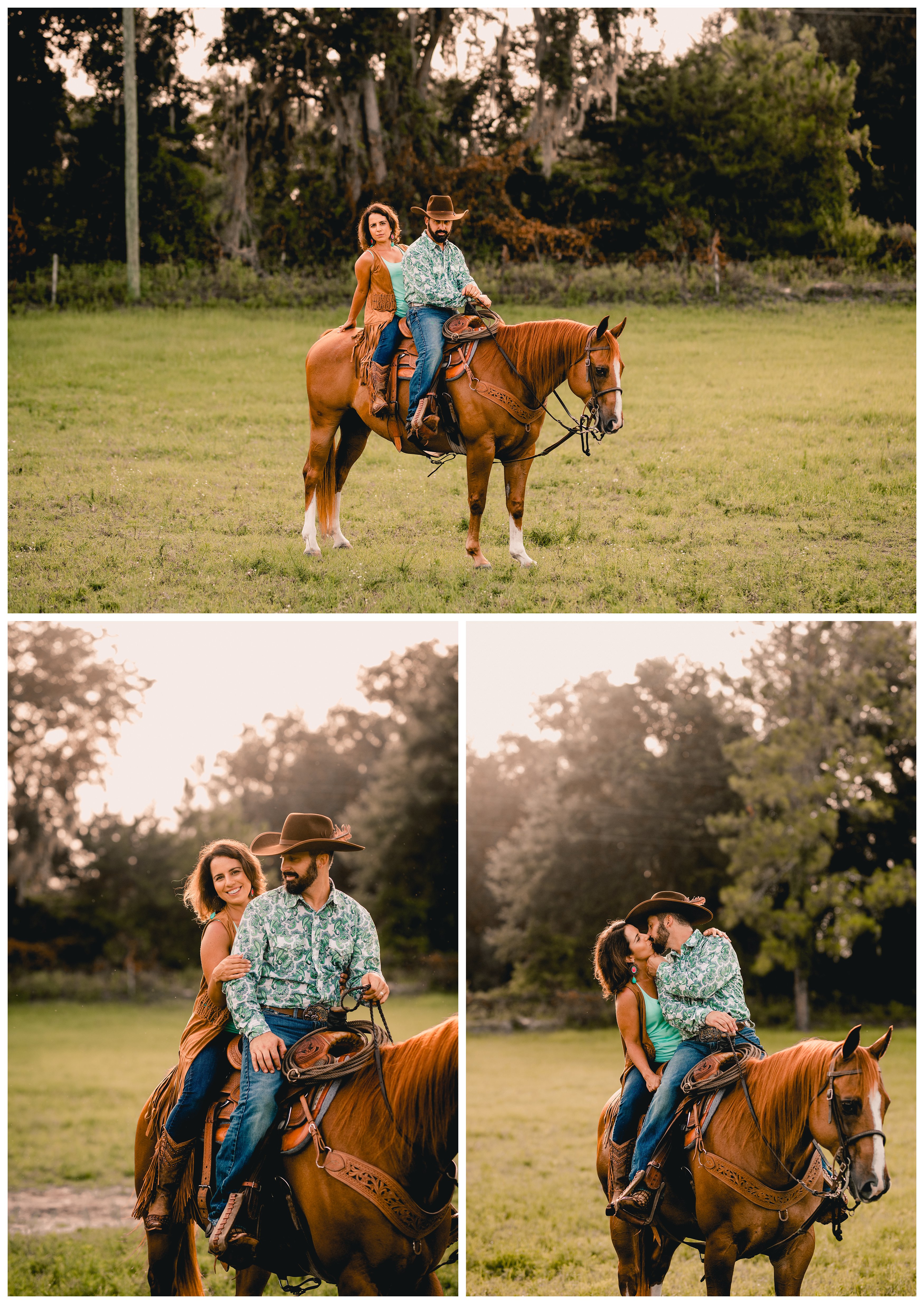 Western photography of couple riding double on a roping horse during the sunset in Gainesville, FL.