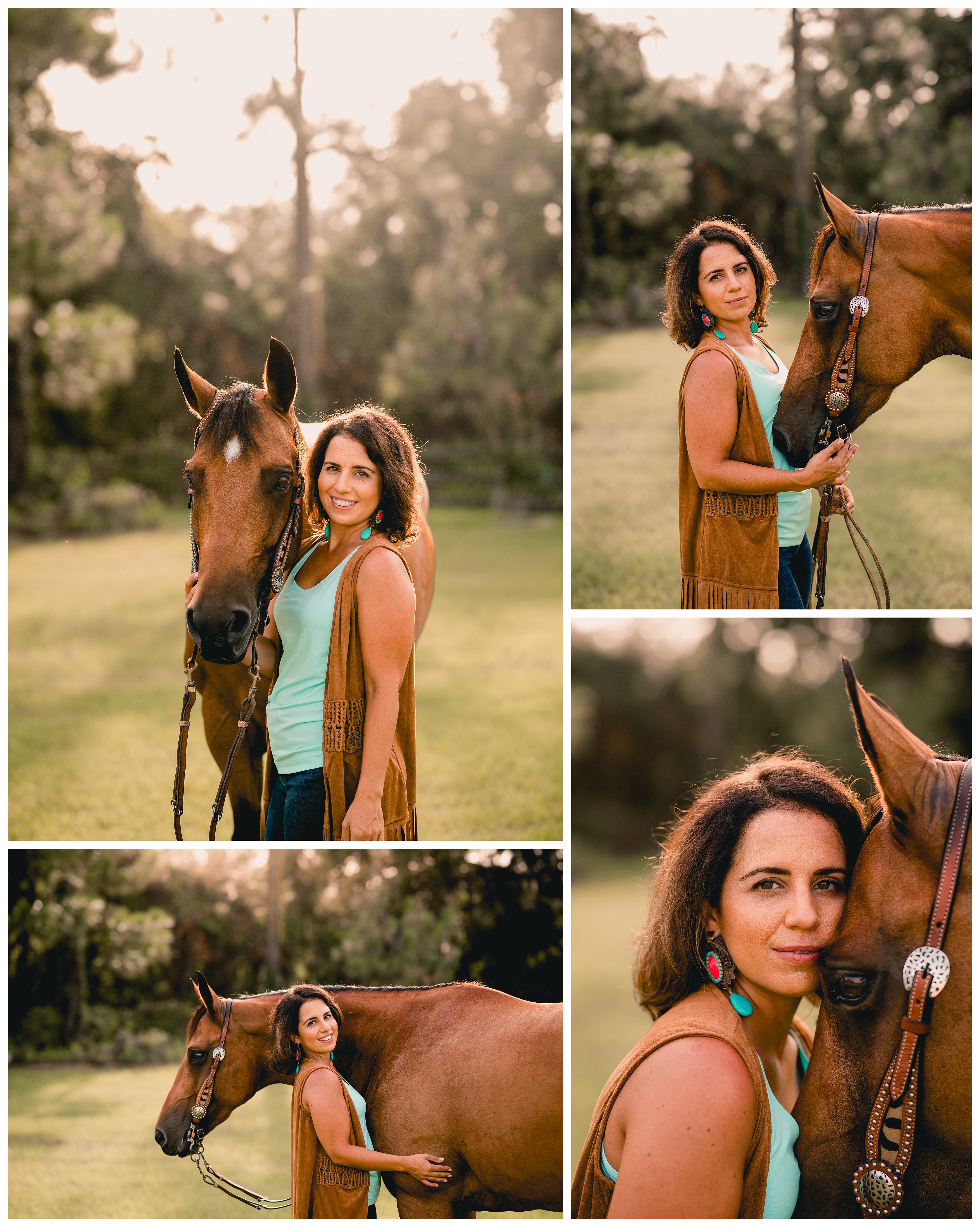 Western horse rider takes pictures with her reining mare during the golden hour in Ocala, FL.