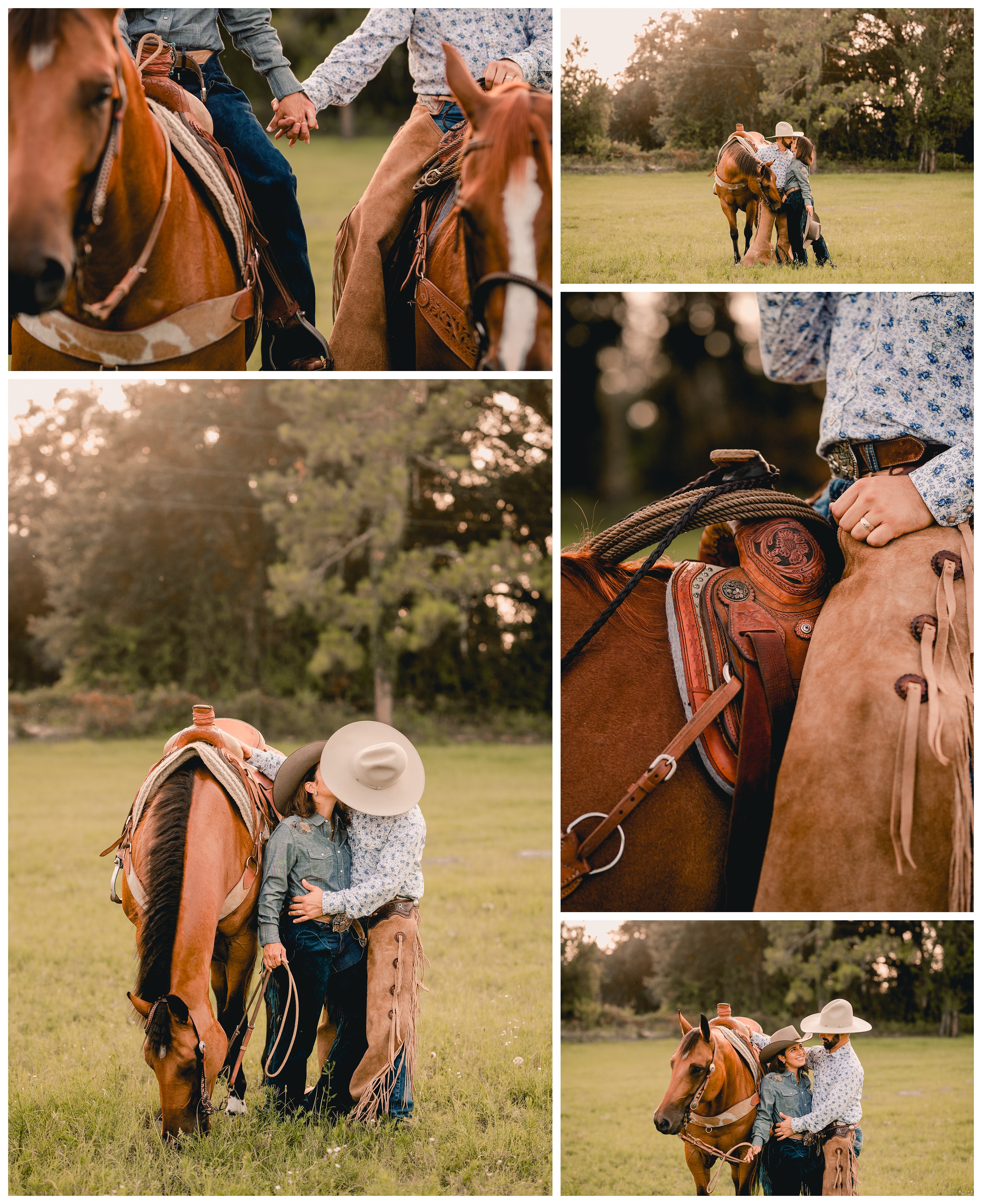 Western styled photo session with couple and their horses wearing full western clothing.