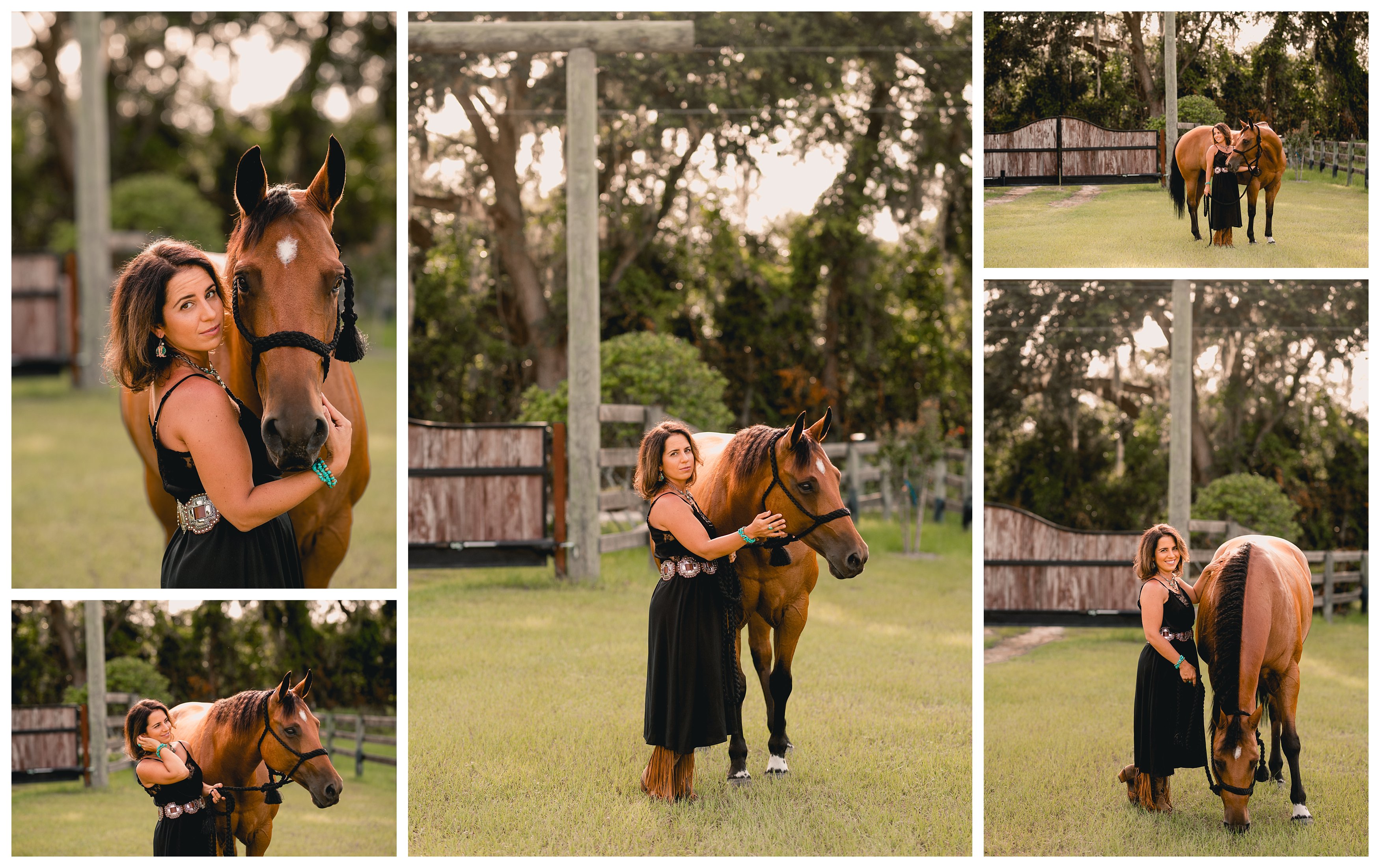 Woman with her reining mare in Gainesville, FL wearing western black dress and boots.