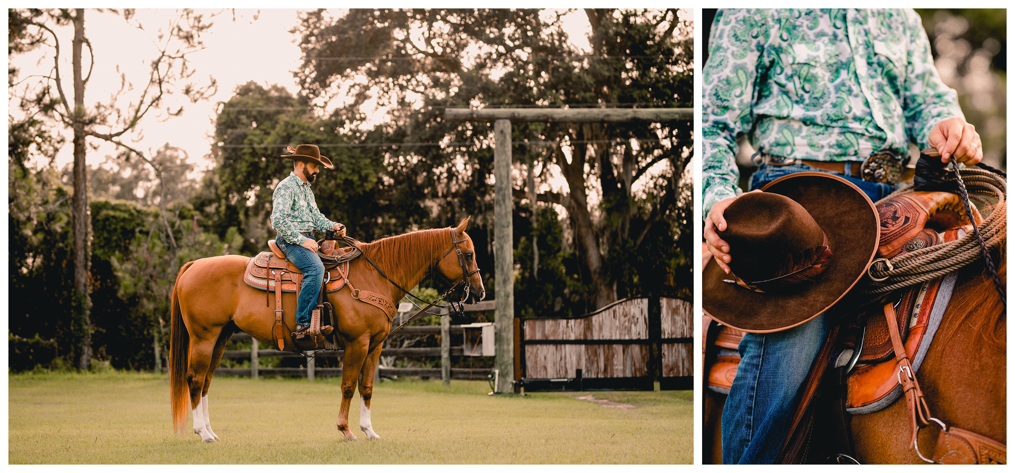 Portraits of a roping cowboy and his horse in Ocala, FL.
