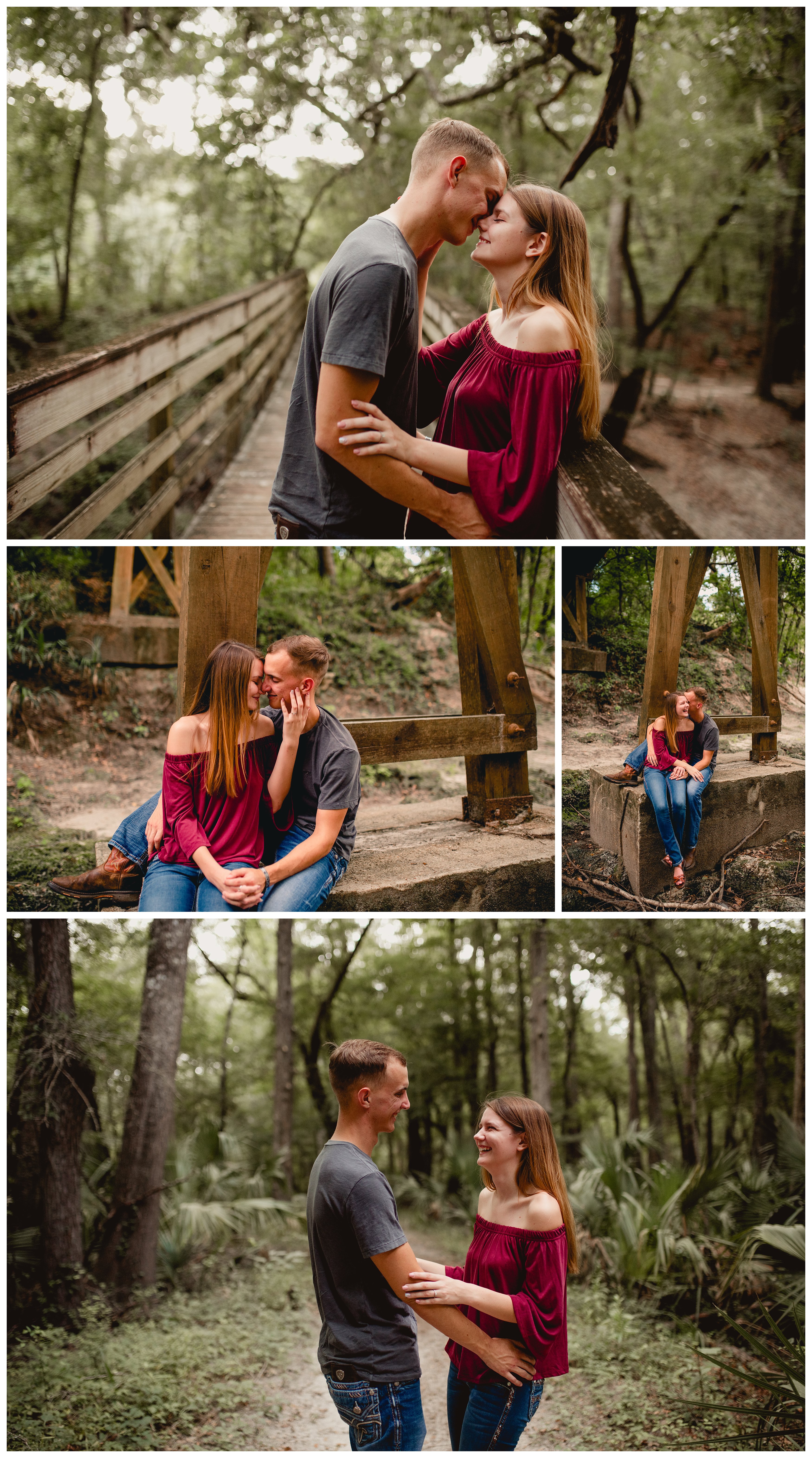 Engagement pictures taken in the woods in Florida with a lot of greens.