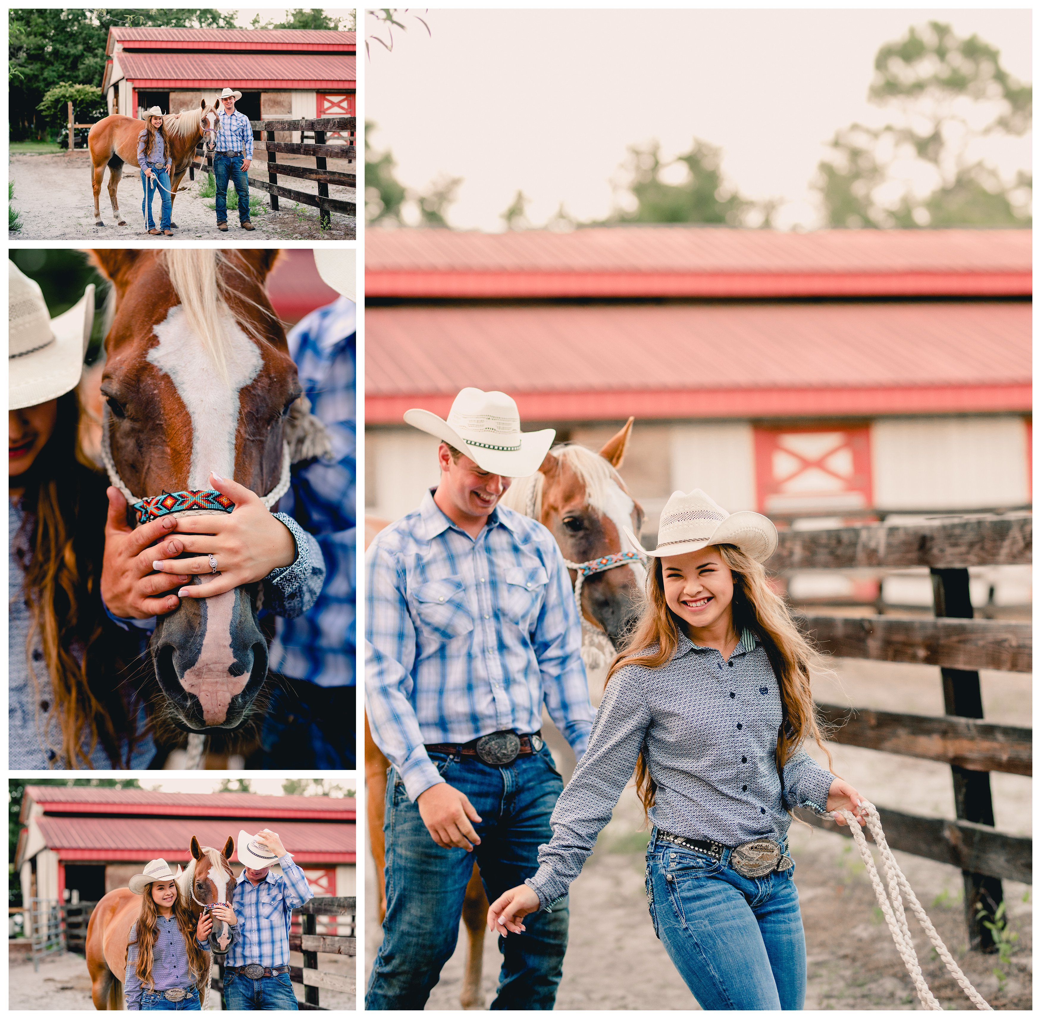 Fun poses for western photoshoot with cowgirl and cowboy in front of the horse barn.