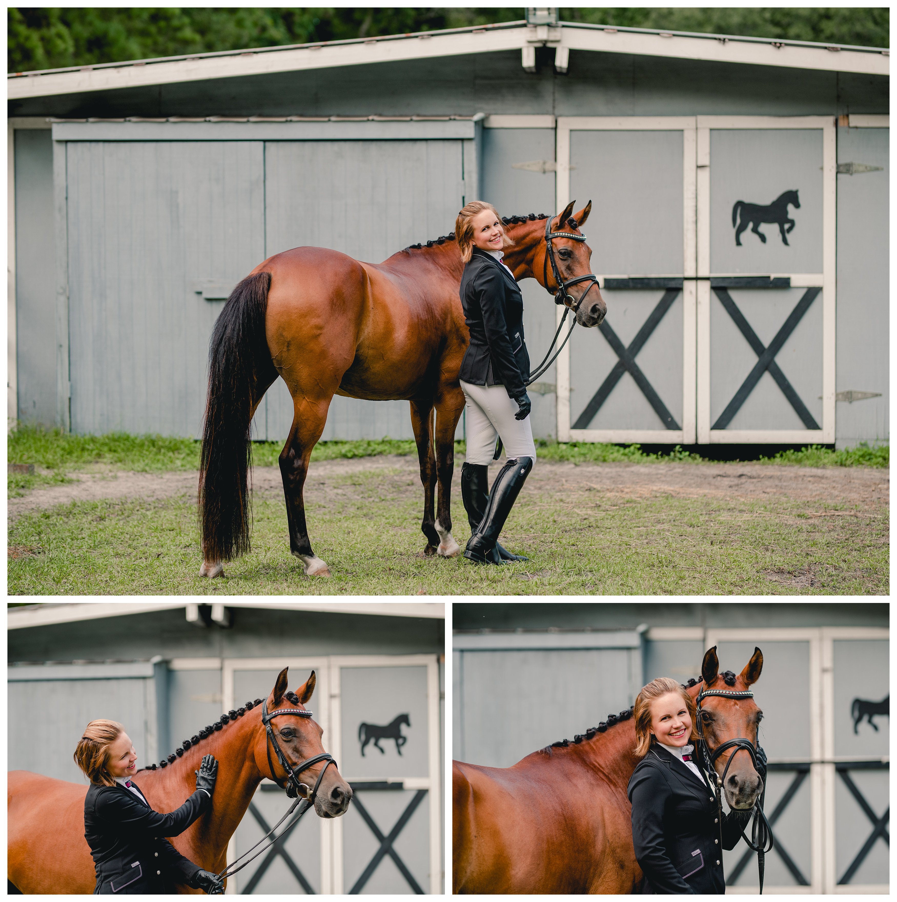 Simple posing ideas for horse and rider photo sessions in dressage show clothes.
