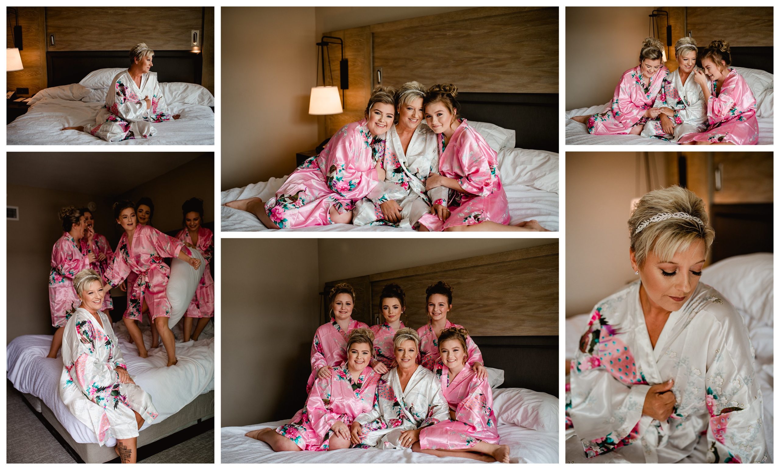 Loving wedding has daughters as the bridesmaids. Getting ready photos in hotel.