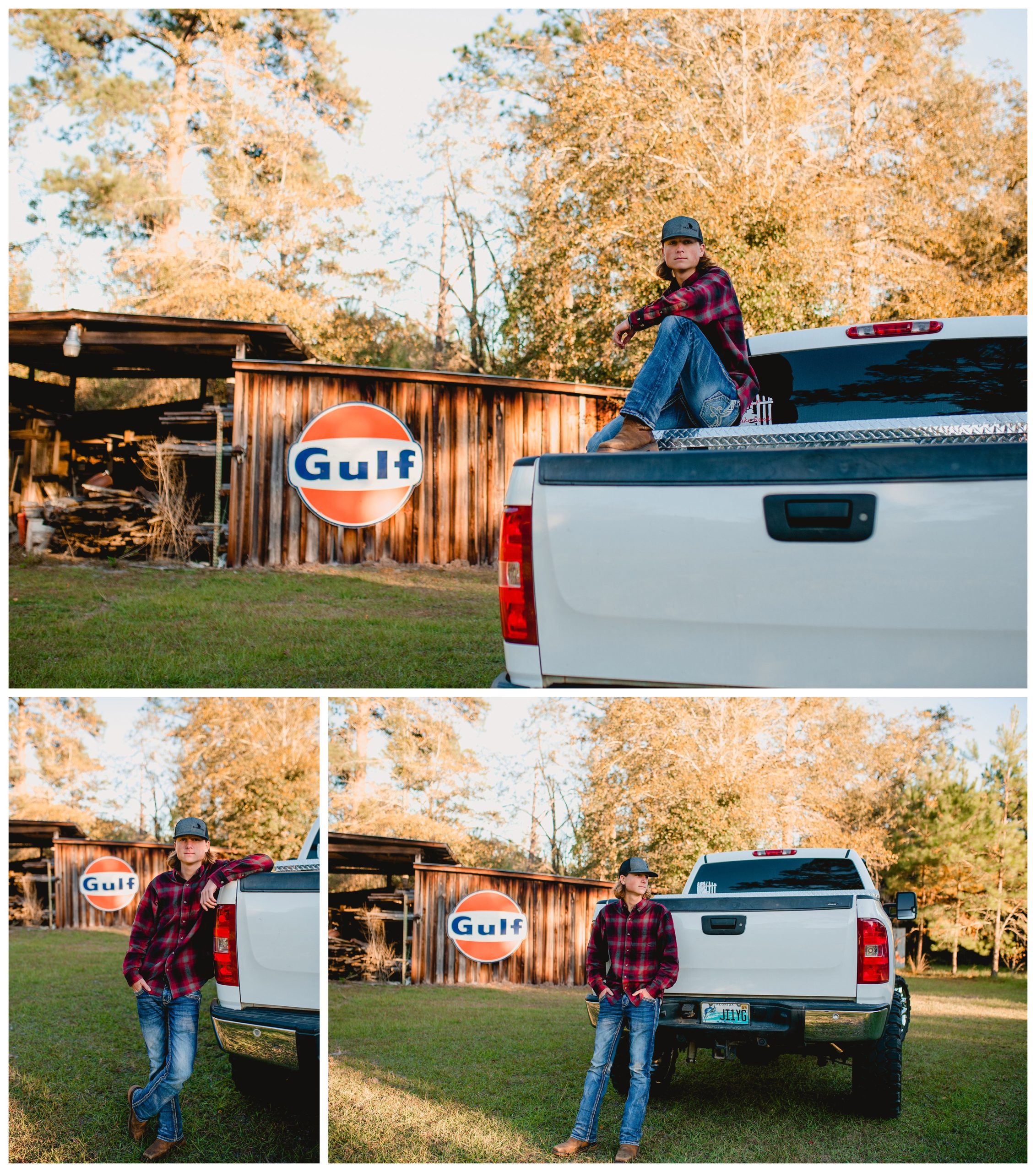 Posing ideas for boys with their truck taken by professional senior photographer in Florida.