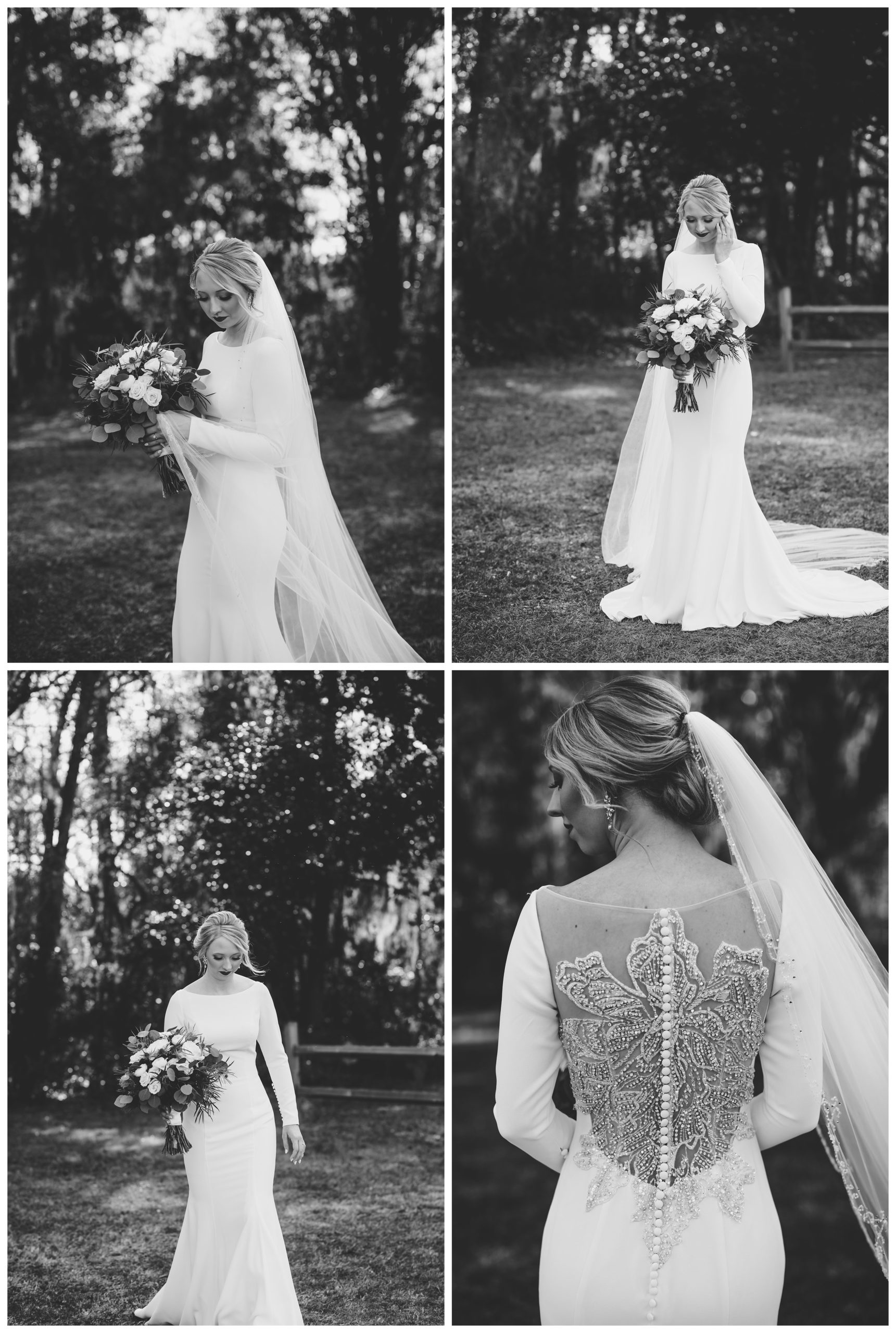 Black and white bridal portraits of bride with button up dress - Shelly Williams Photography