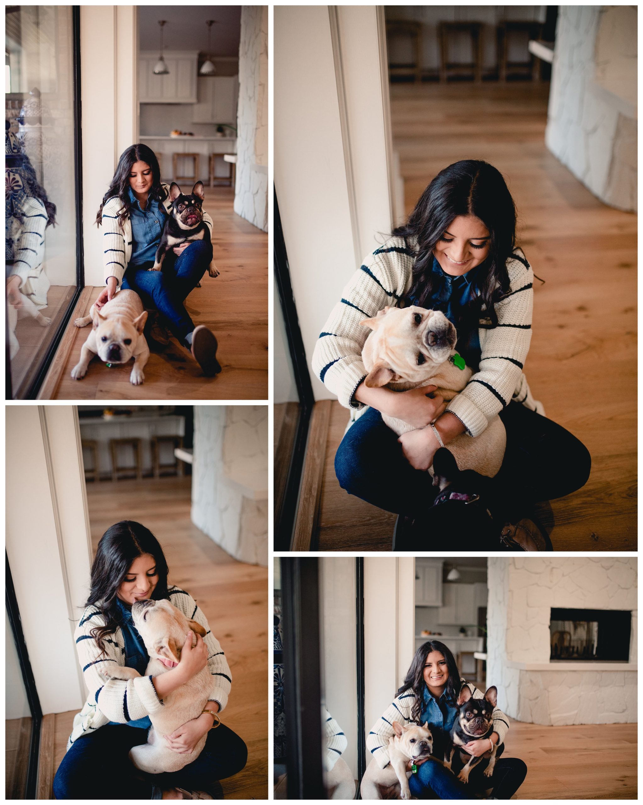 French bulldogs with their owner taking snuggly pet photos.