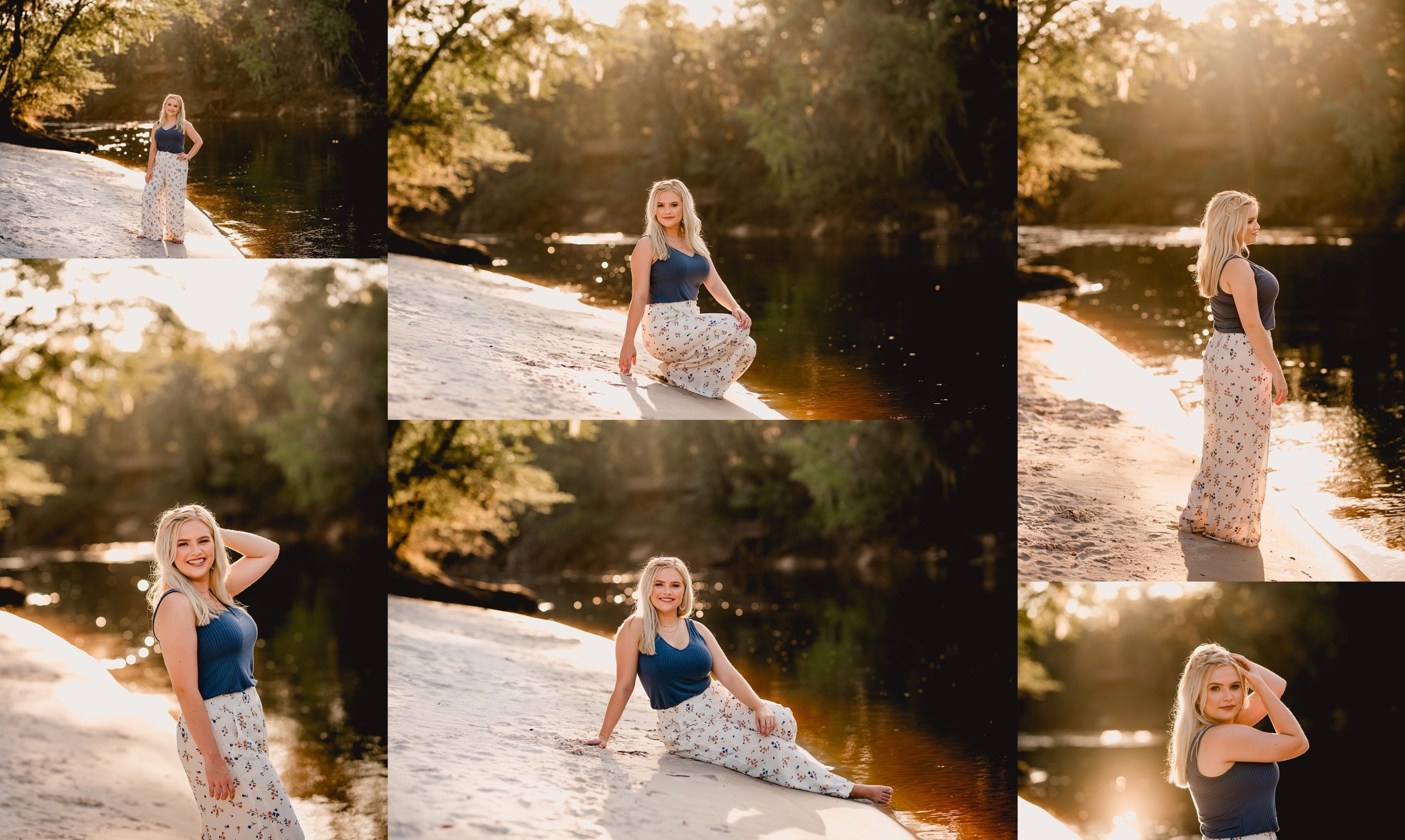 Senior pictures along a river in south georgia during the golden hour.