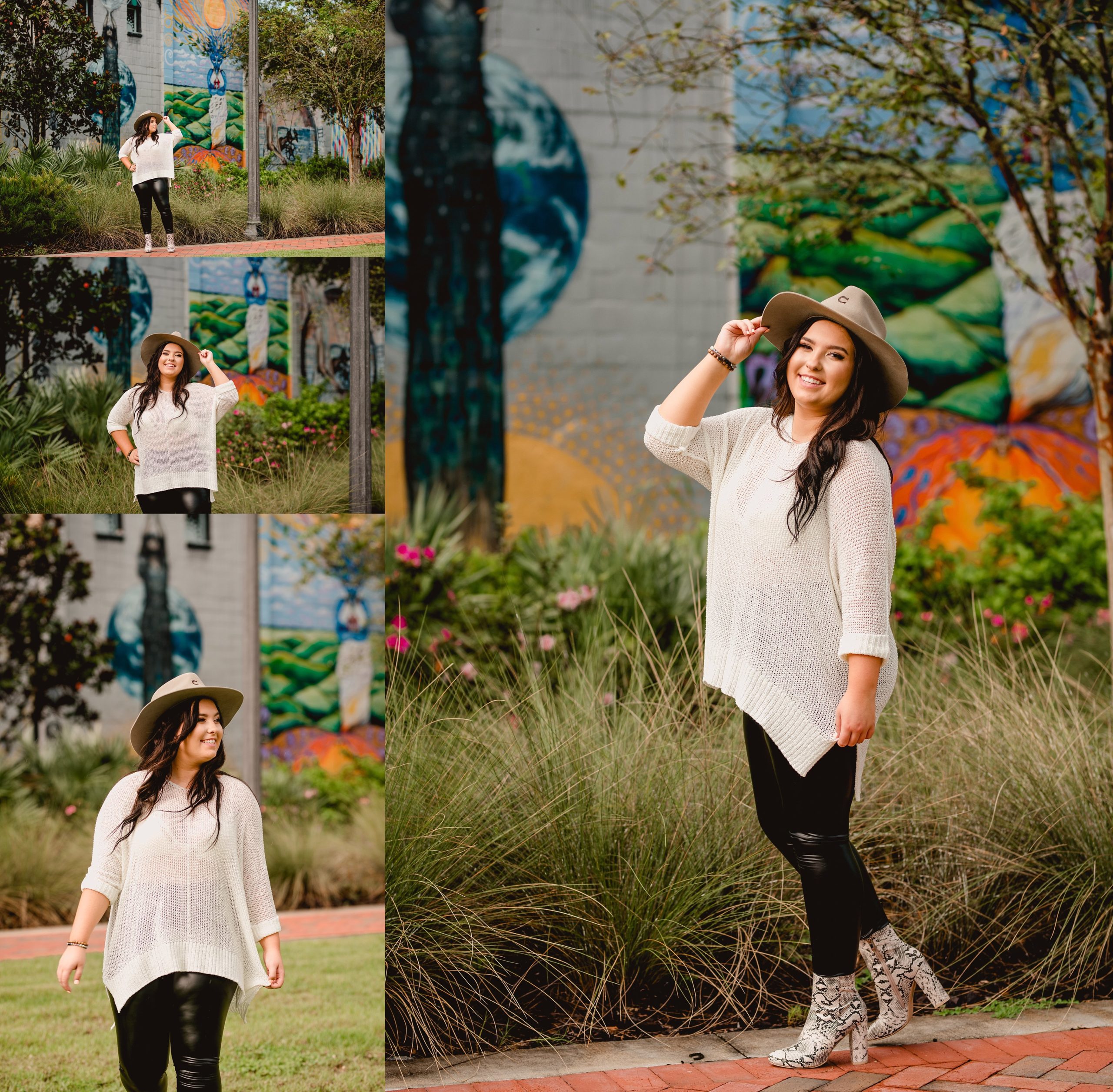 Artsy senior pictures with art mural in the background in North Florida.