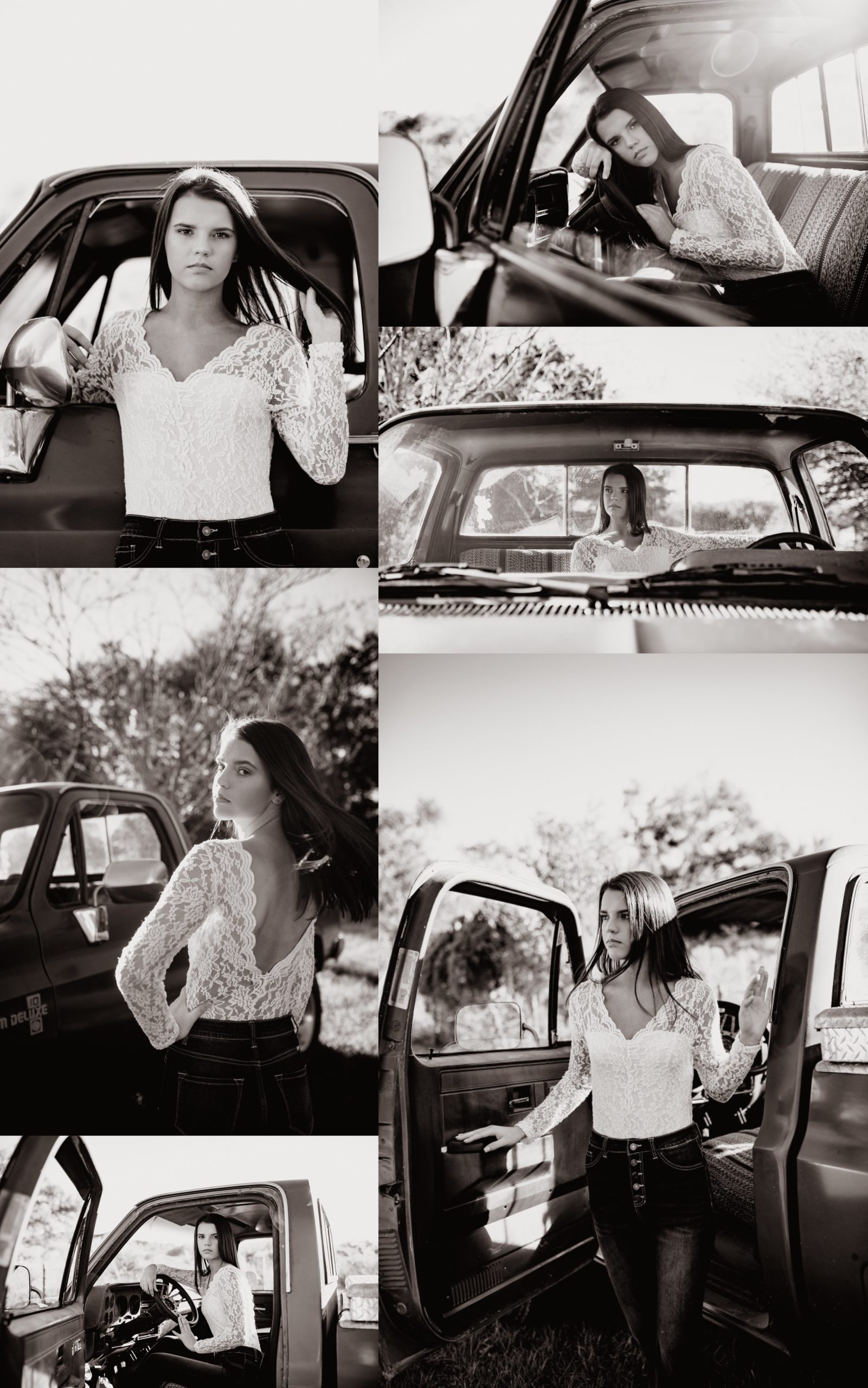 Senior takes pictures with an old truck in black and white.
