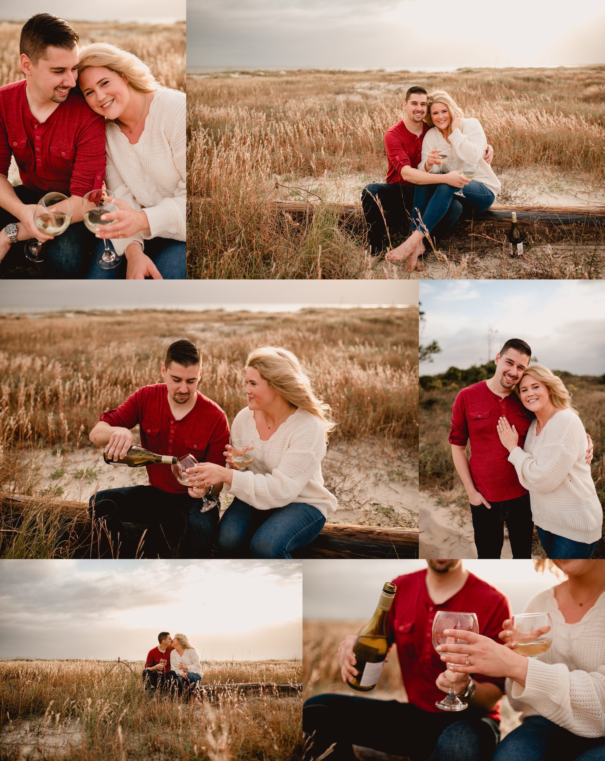 Cute poses for couples on the beach. Couple drinks wine during engagement session.