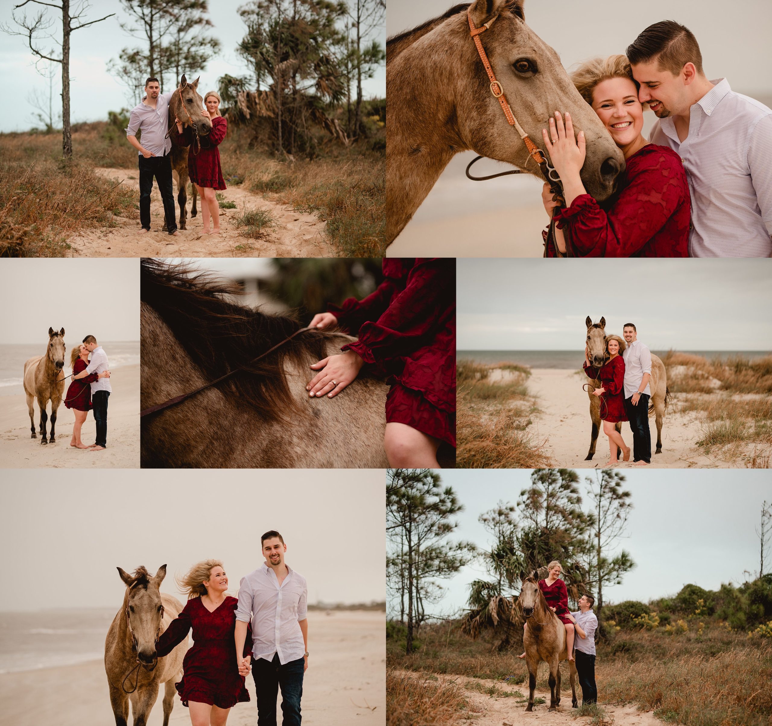 Engagement photography with a horse on the beach in Florida.