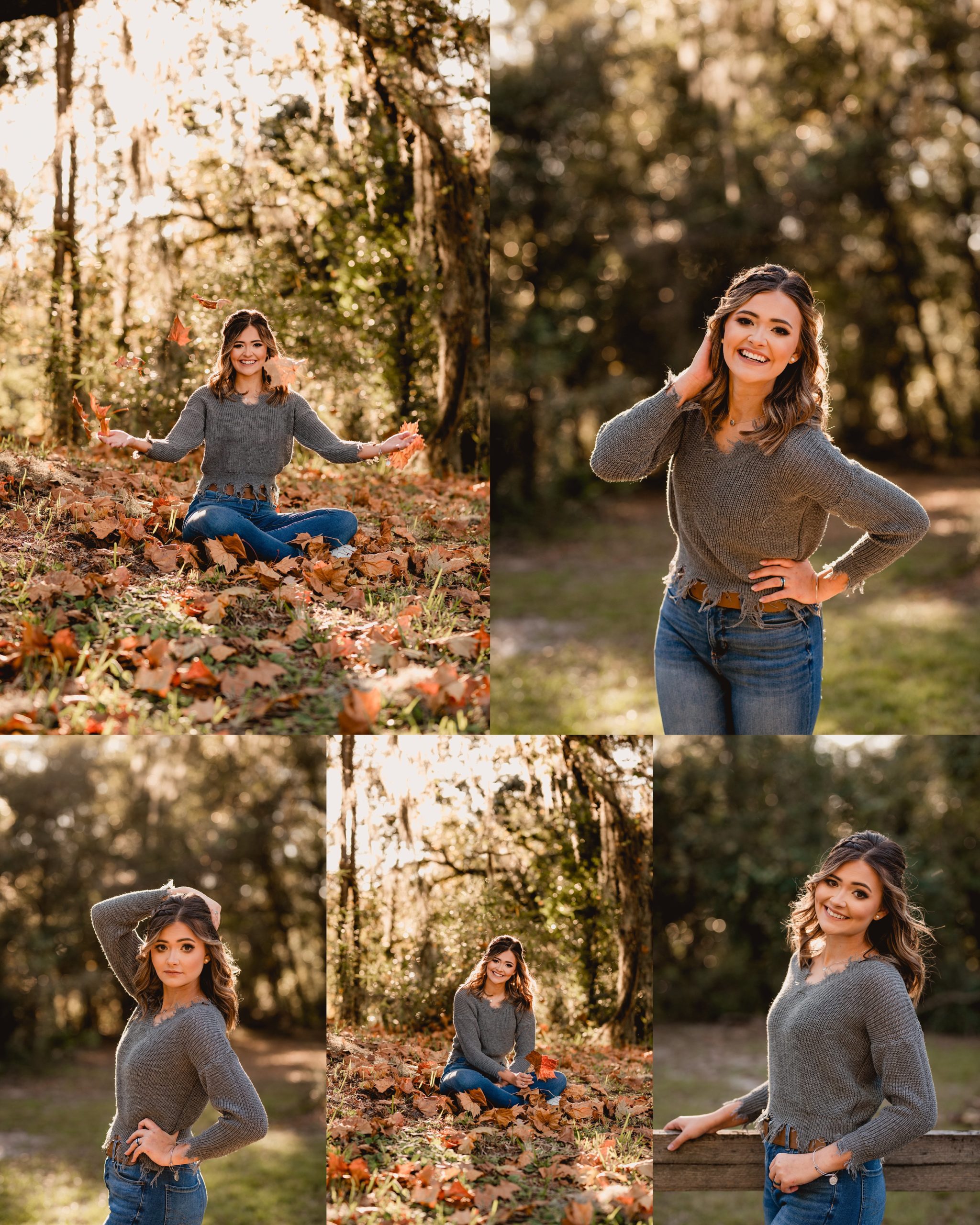 Fall photos with leaves in the golden hour in Florida by north florida senior photographer.