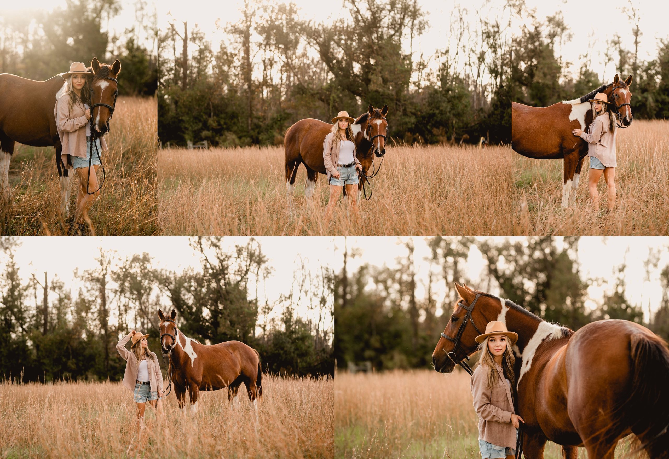 Posing ideas for horse and rider pictures in tall grass field during winter.