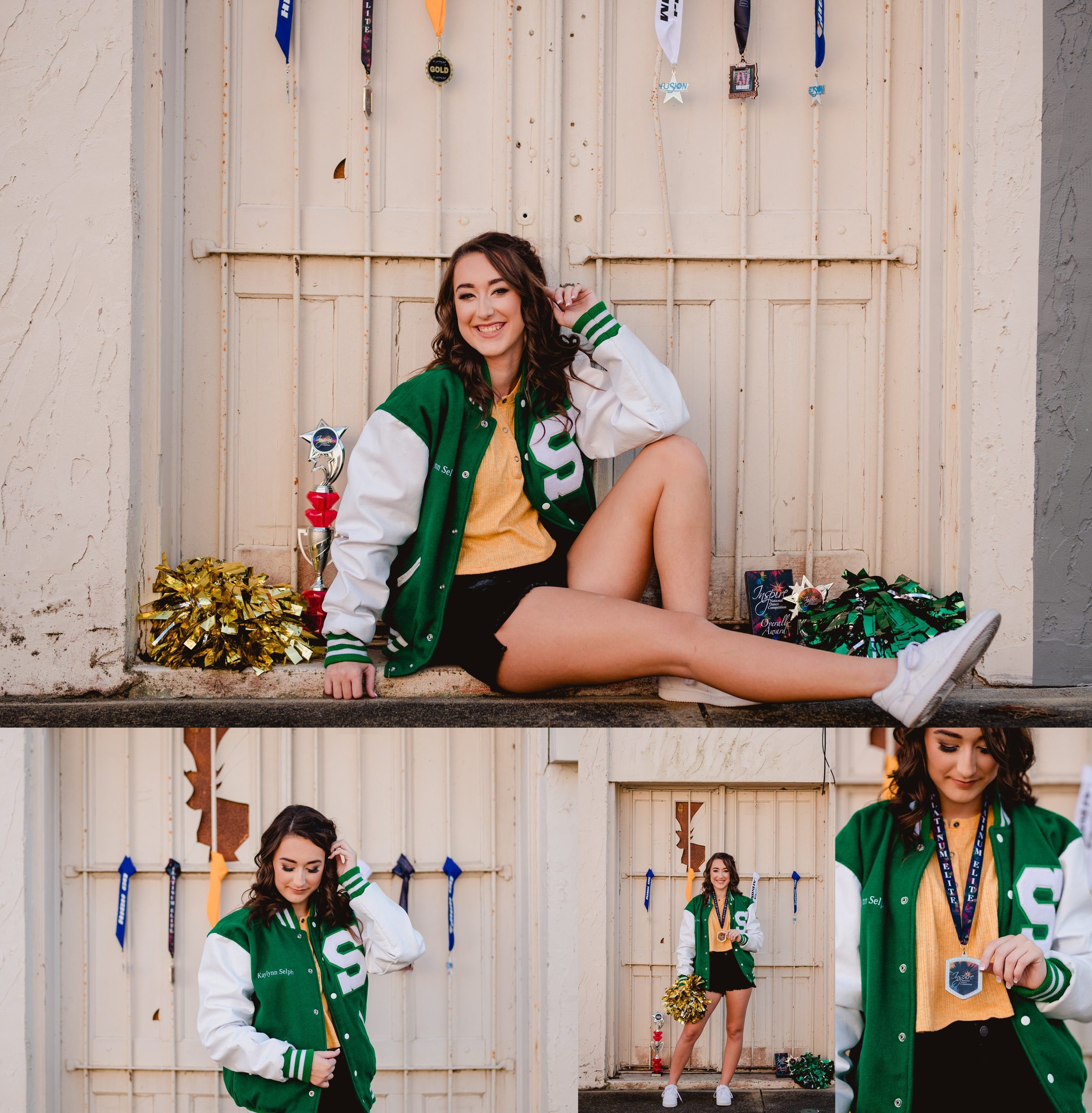 Senior pictures using letterman jacket, medals, and trophies.