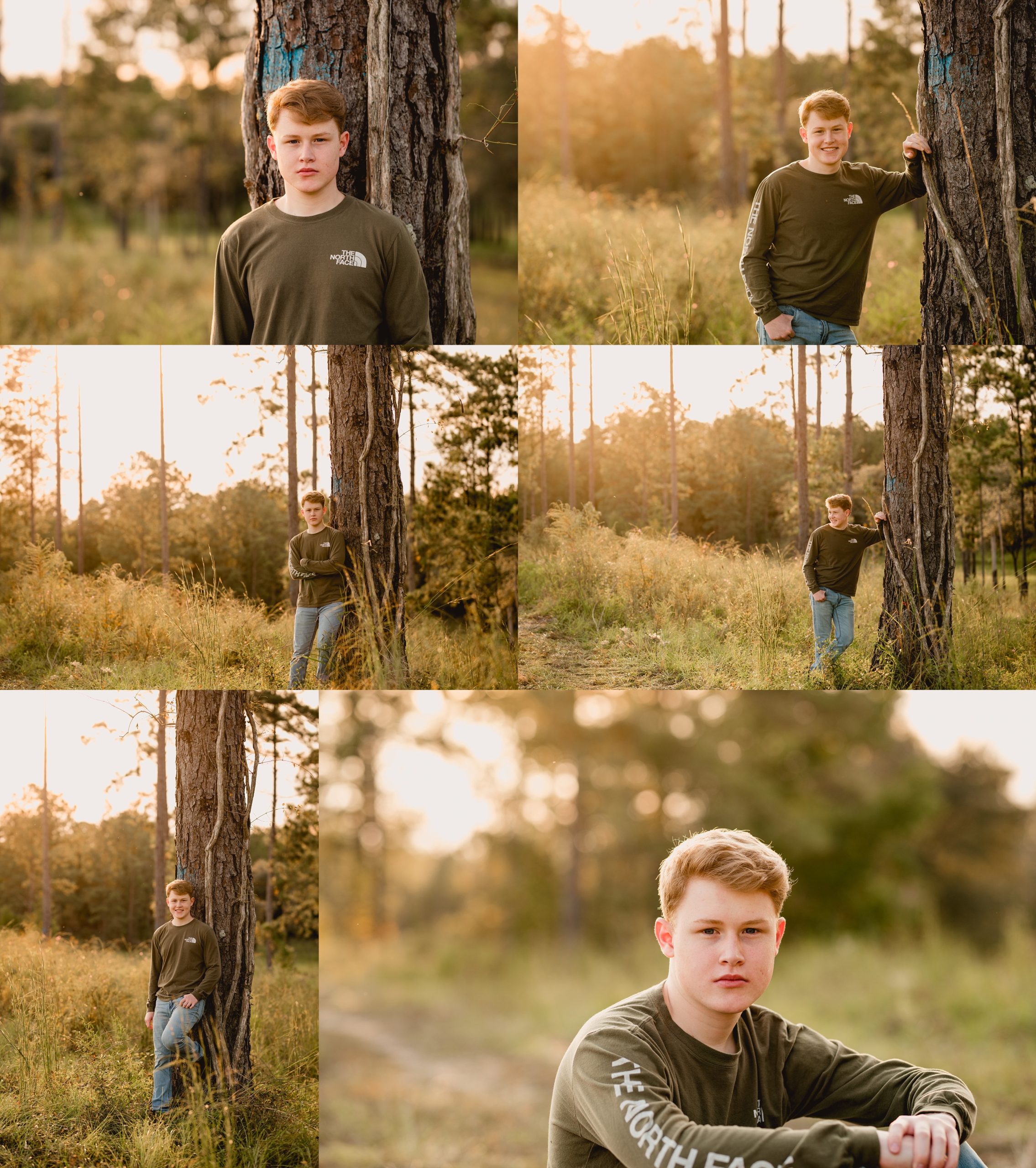 Senior pictures in the forest in Florida at sunset. Golden hour. Senior boy photo ideas.