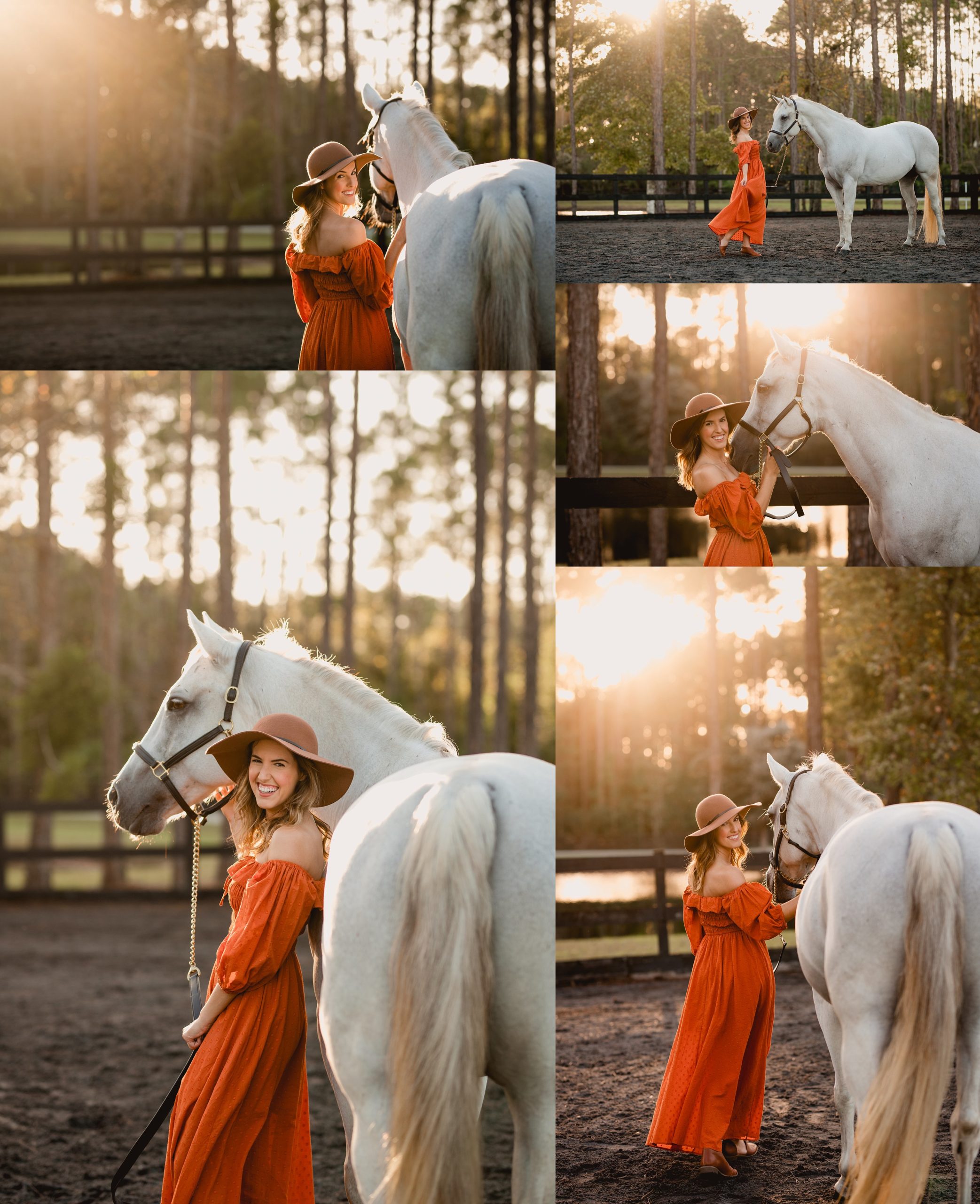 Woman and her horse at golden hour wearing orange dress. Dressage horse - jacksonville, fl - north fl equine