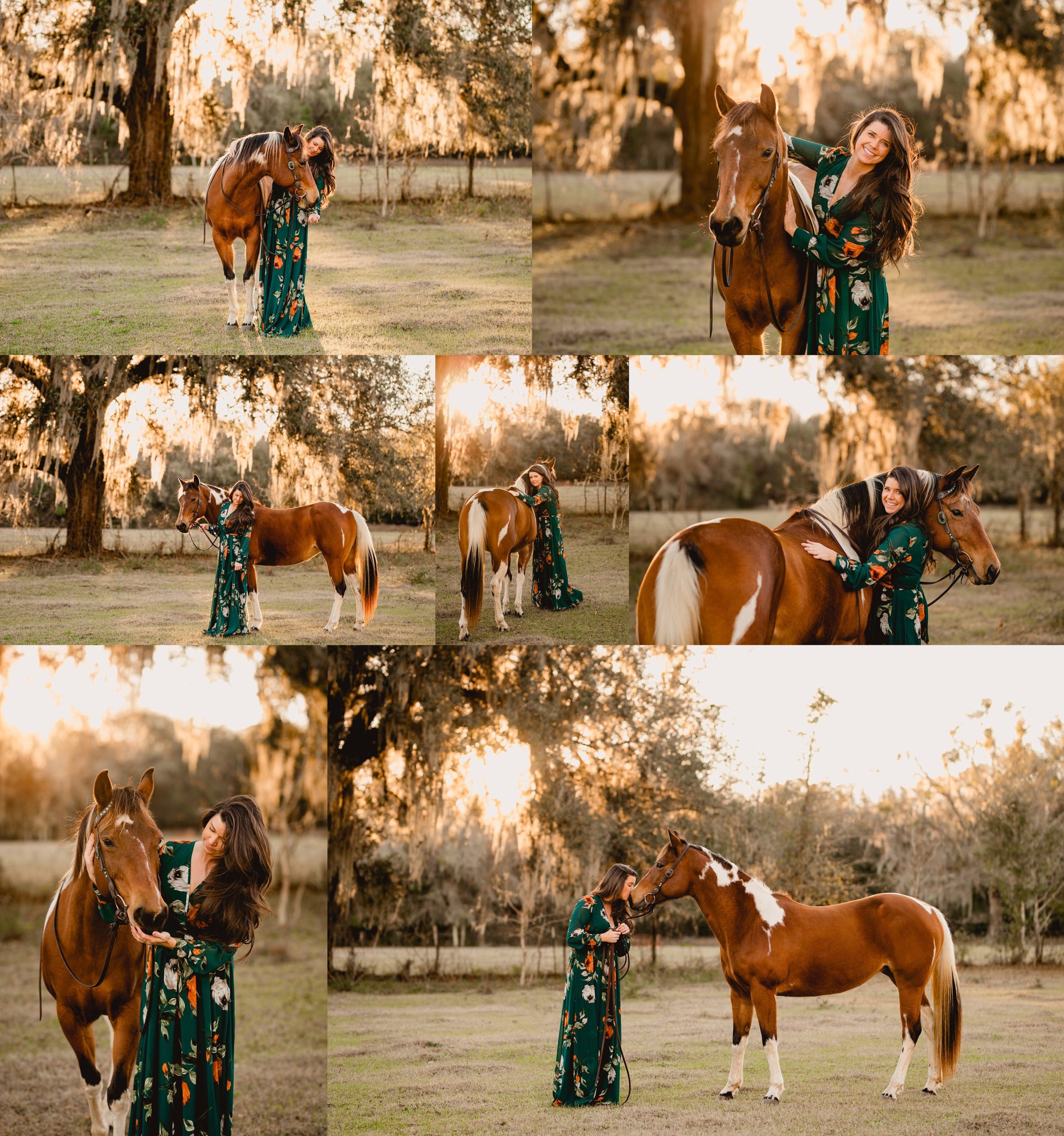 APHA mare with her rider at sunset wearing long flowy dress. Baltic born emerald green dress.