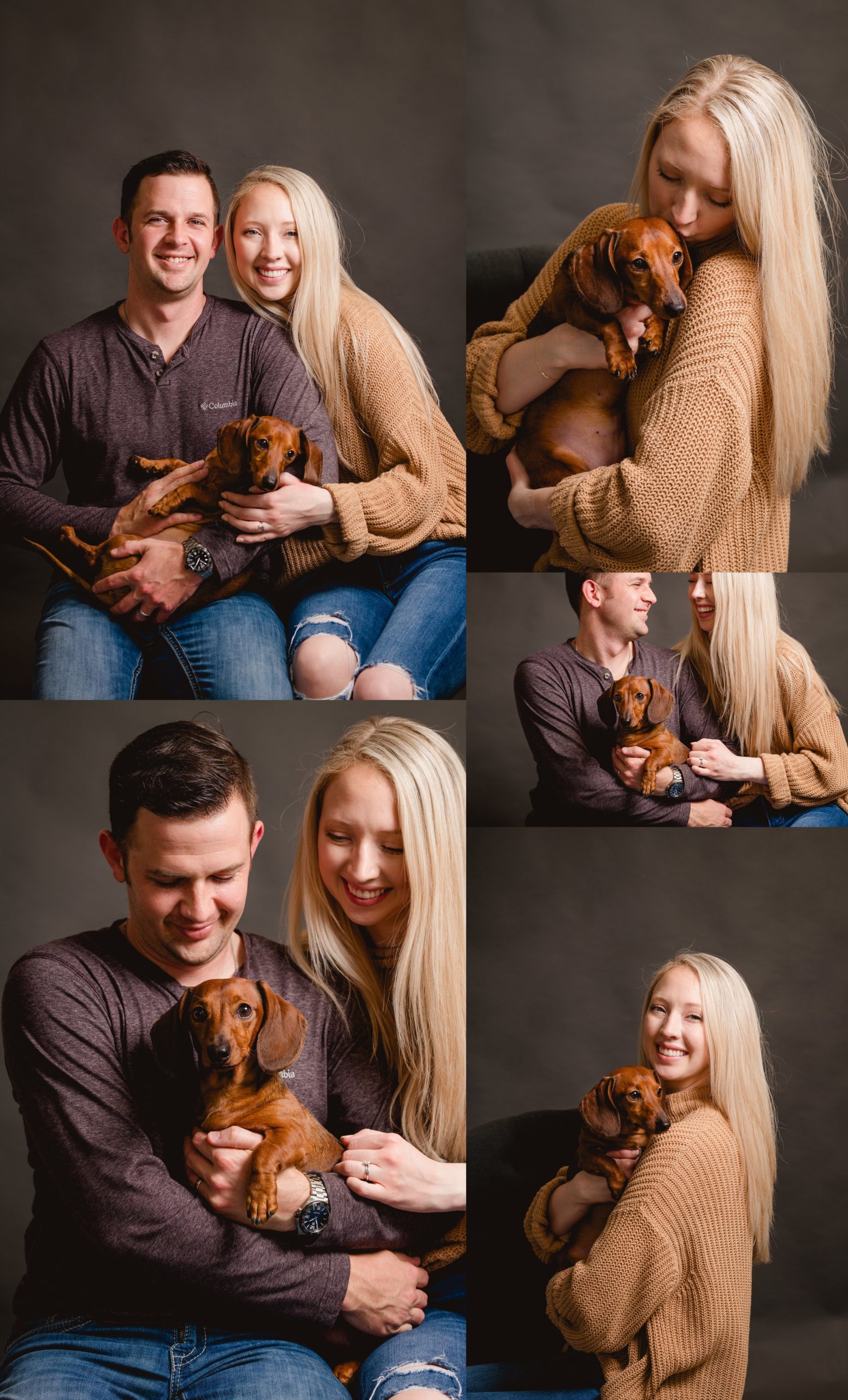 Fur parents with their Dachshund in a north FL photography studio.