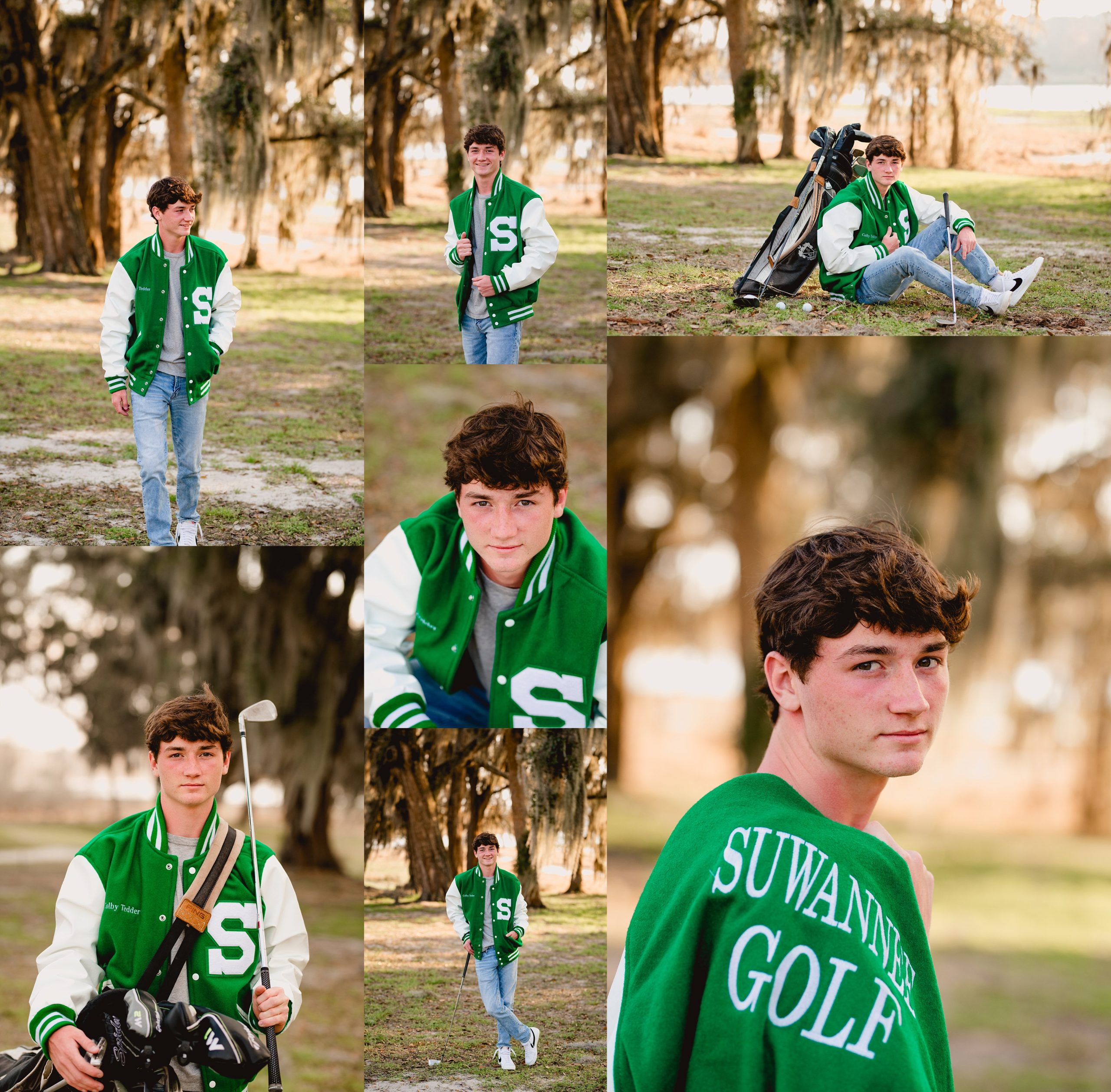 Guy senior pics with letterman jacket on golf course. Senior boy poses