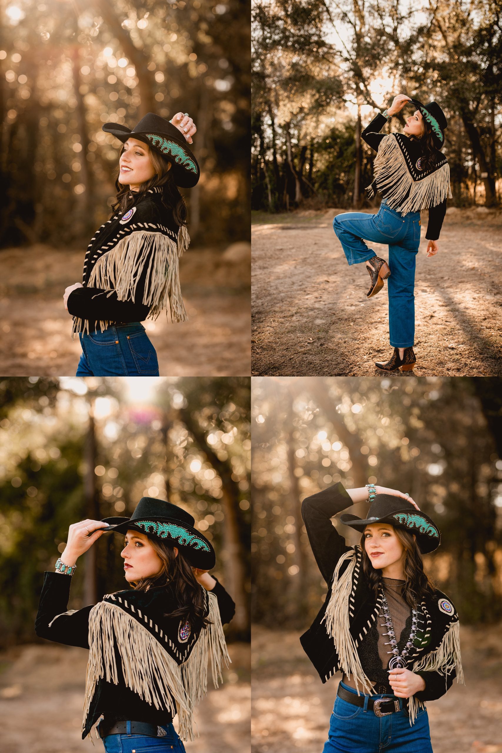 Sunset photos with cowgirl in North FL. Western outfit ideas. Cowgirl photosession with gypsy vanner horse.