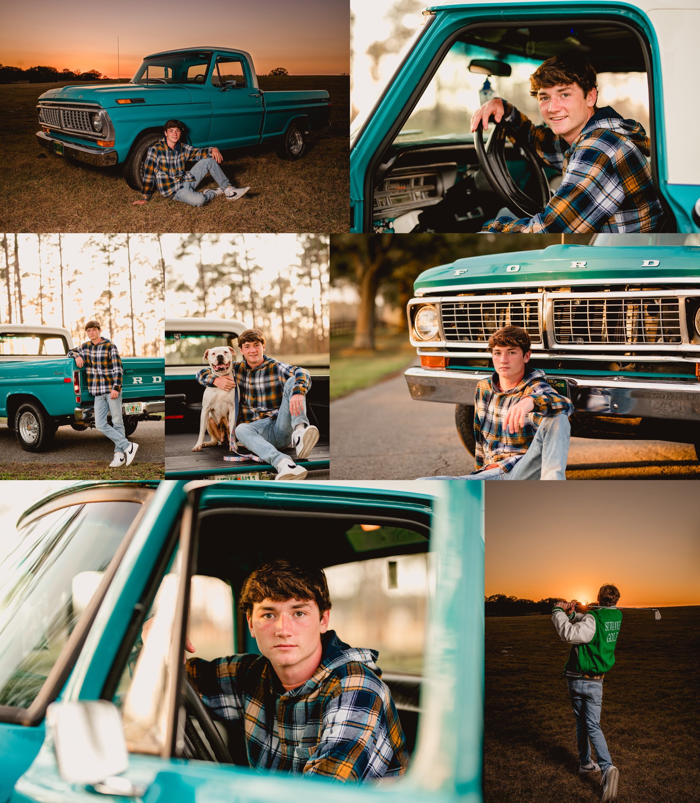 Vintage truck with senior guy at sunset for professional photoshoot.